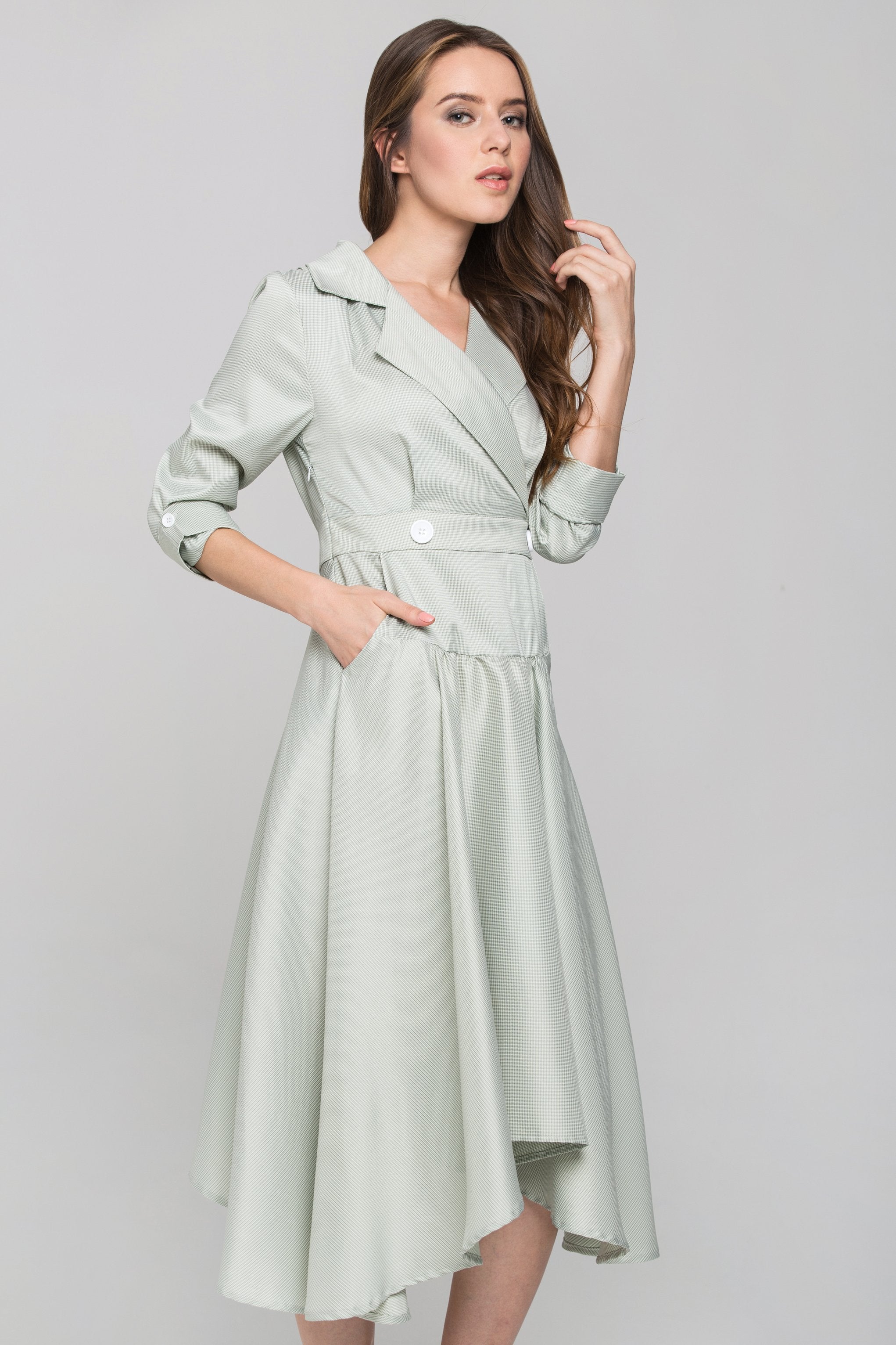 Green Check Collared Drop Waist Midi Dress Green Check Collared Drop Waist Midi Dress