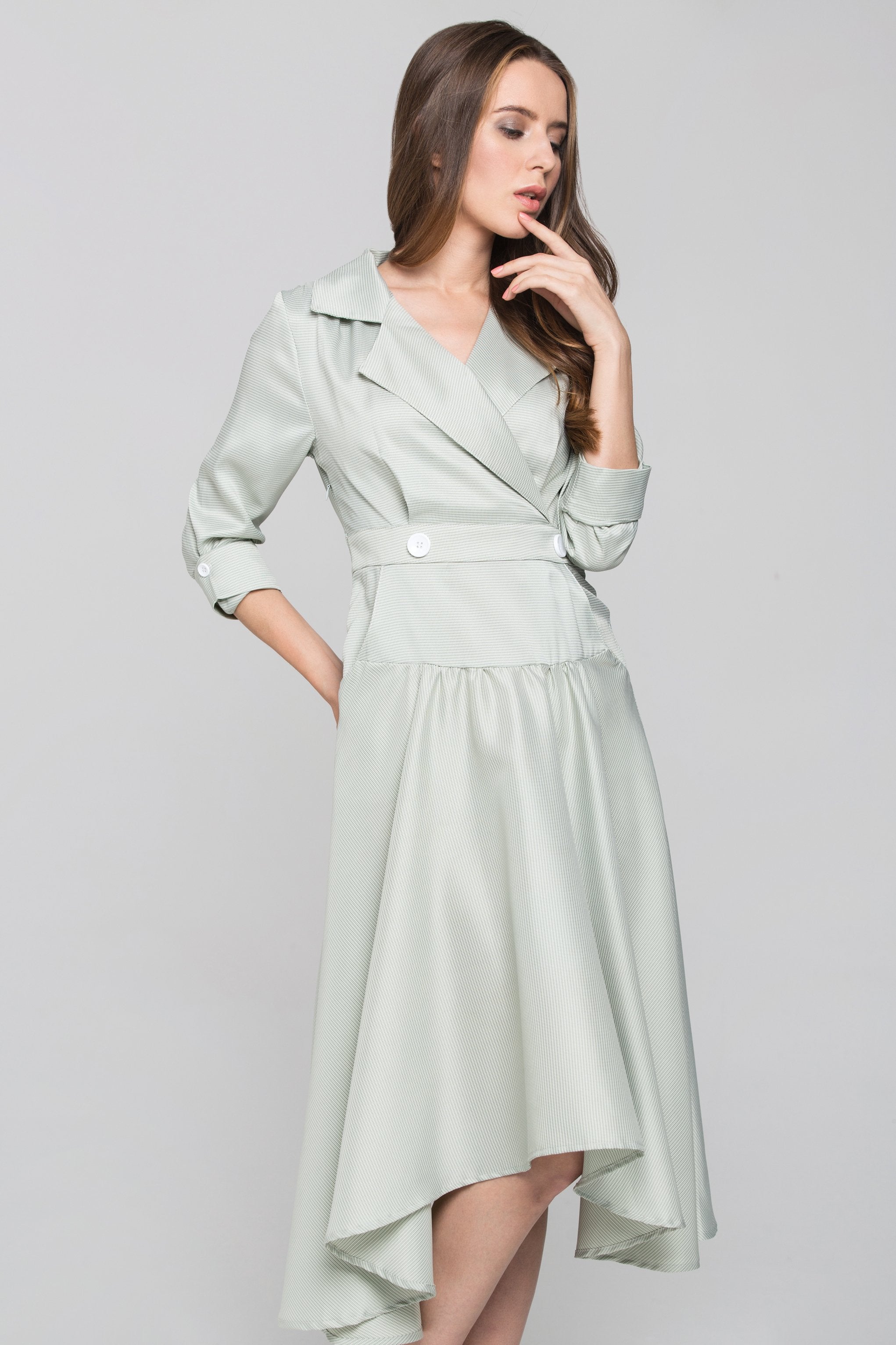 Green Check Collared Drop Waist Midi Dress Green Check Collared Drop Waist Midi Dress