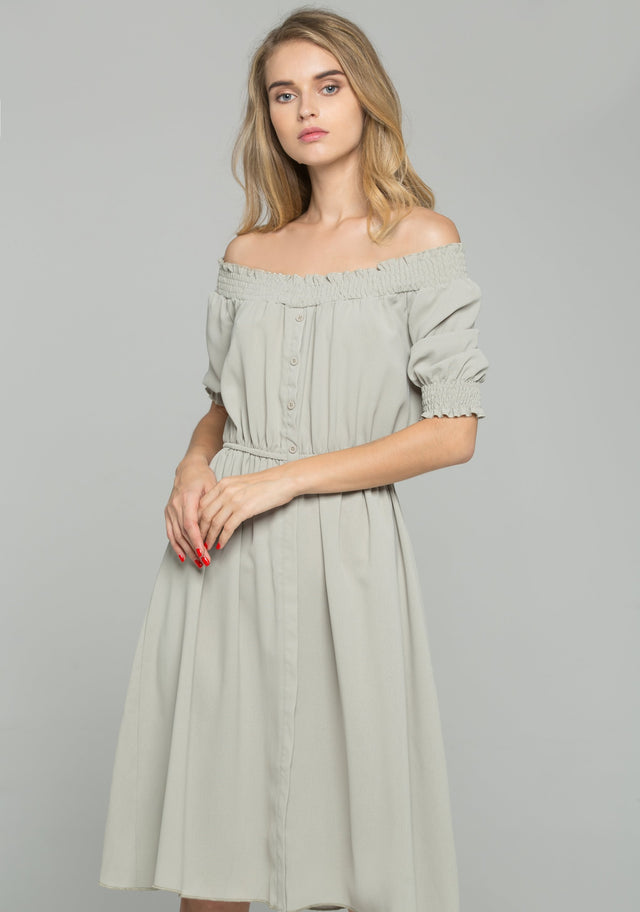 Green Cotton Off-The-Shoulder Ruched Pleat Mini Dress