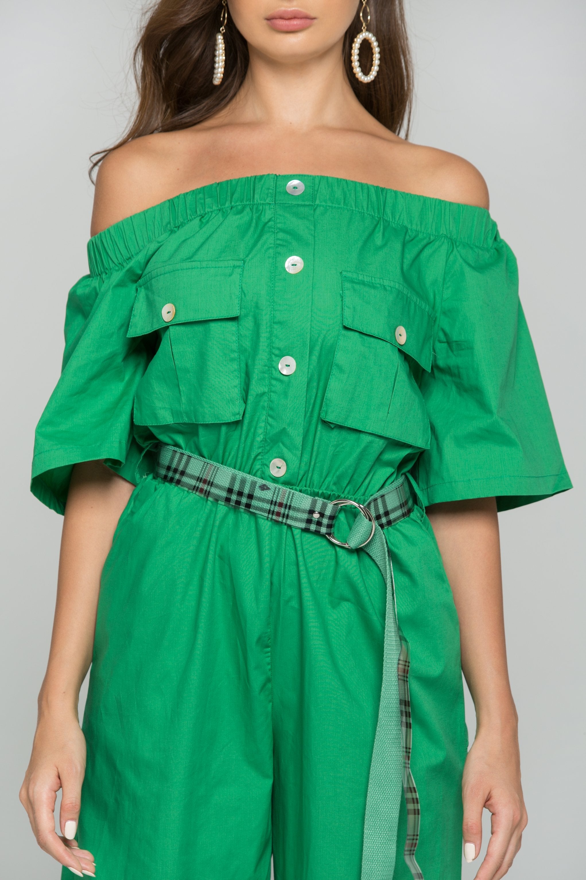 Green Cotton Off-the-Shoulder Buttoned Jumpsuit Green Cotton Off-the-Shoulder Buttoned Jumpsuit