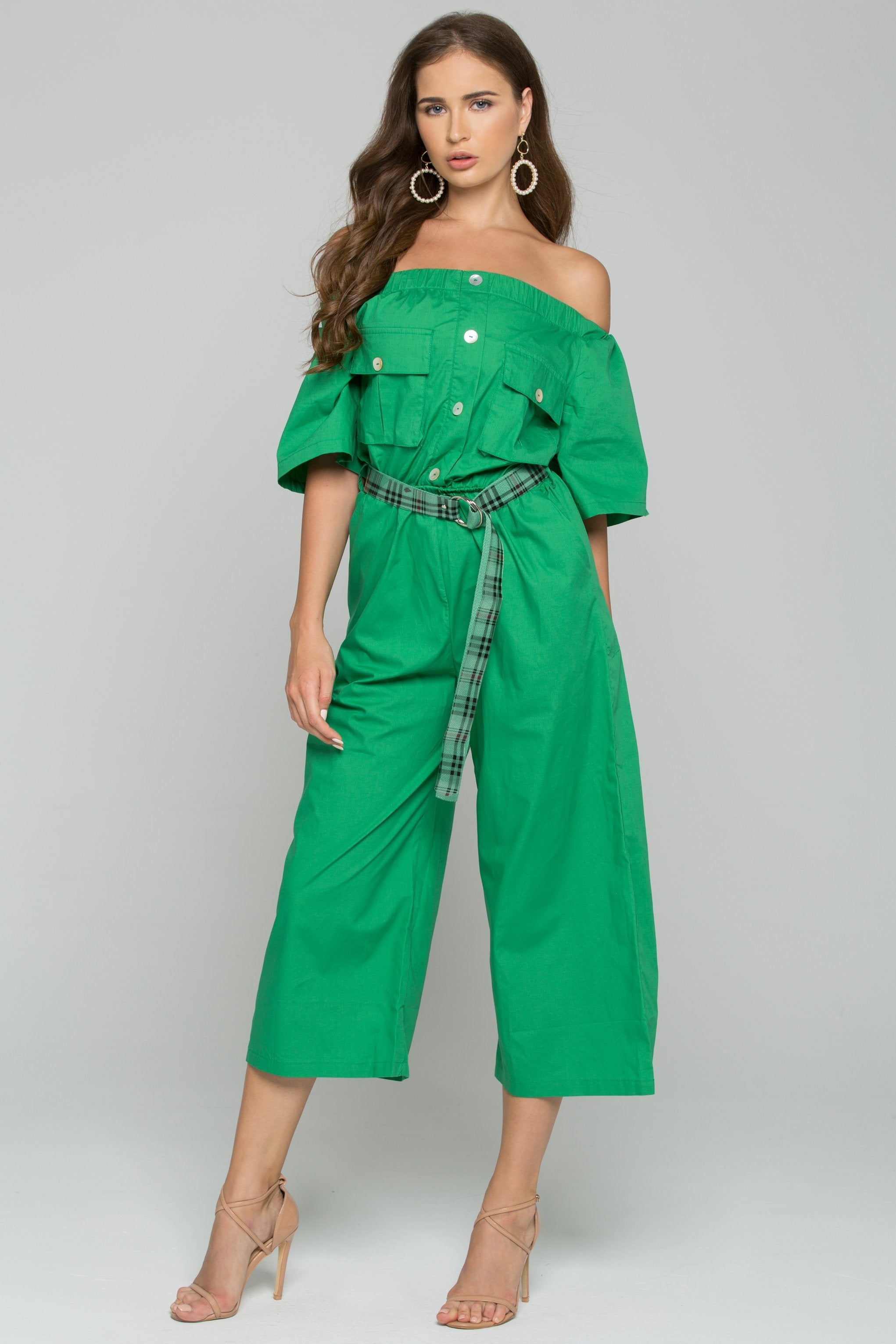 Green Cotton Off-the-Shoulder Buttoned Jumpsuit Green Cotton Off-the-Shoulder Buttoned Jumpsuit