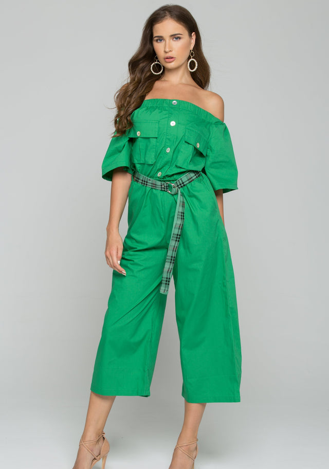 Green Cotton Off-the-Shoulder Buttoned Jumpsuit
