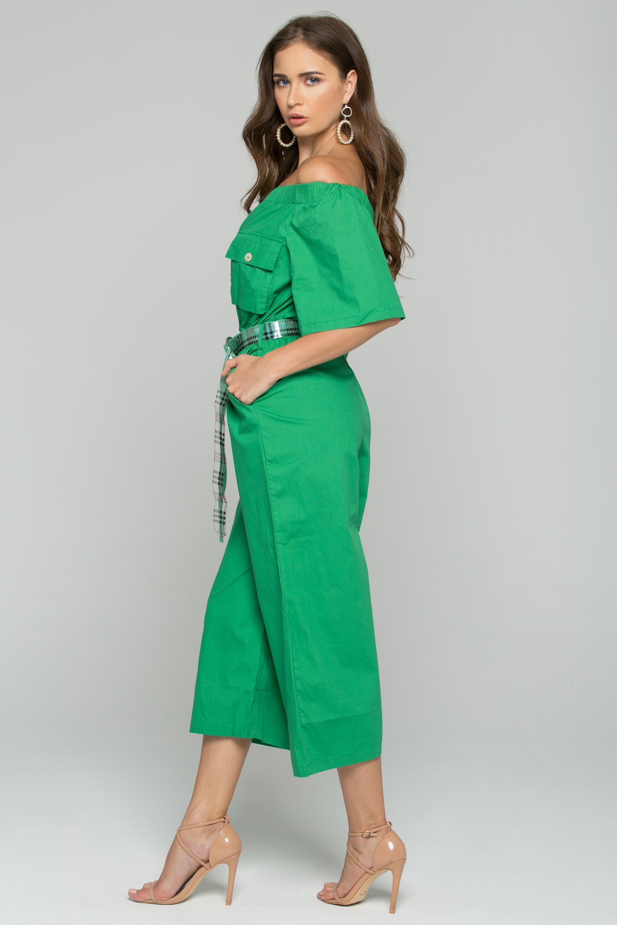 Green Cotton Off-the-Shoulder Buttoned Jumpsuit Green Cotton Off-the-Shoulder Buttoned Jumpsuit
