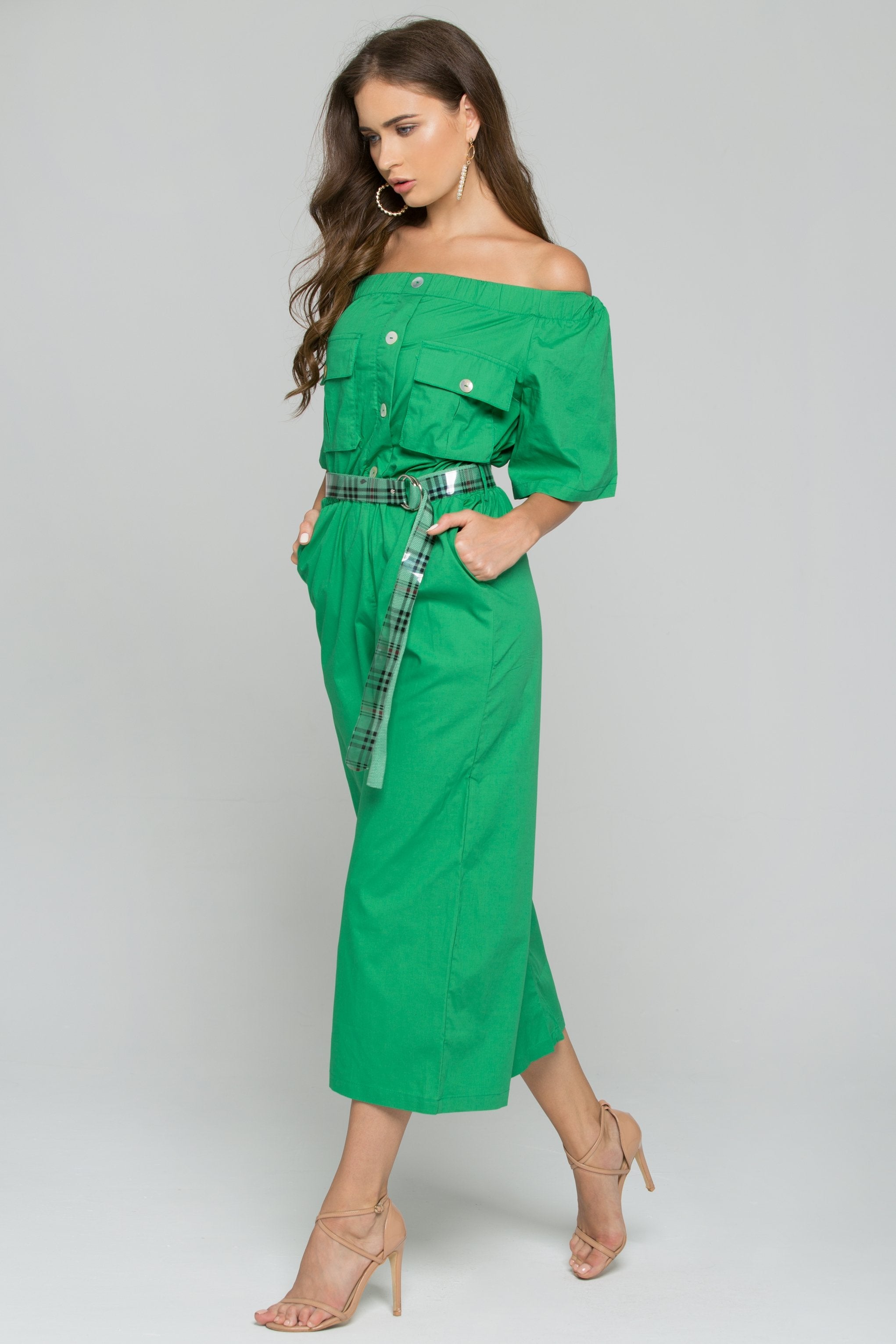 Green Cotton Off-the-Shoulder Buttoned Jumpsuit Green Cotton Off-the-Shoulder Buttoned Jumpsuit