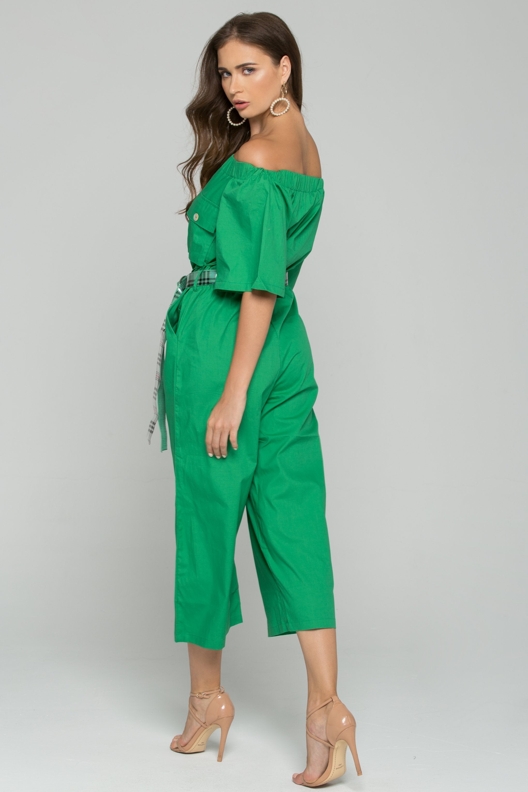 Green Cotton Off-the-Shoulder Buttoned Jumpsuit Green Cotton Off-the-Shoulder Buttoned Jumpsuit