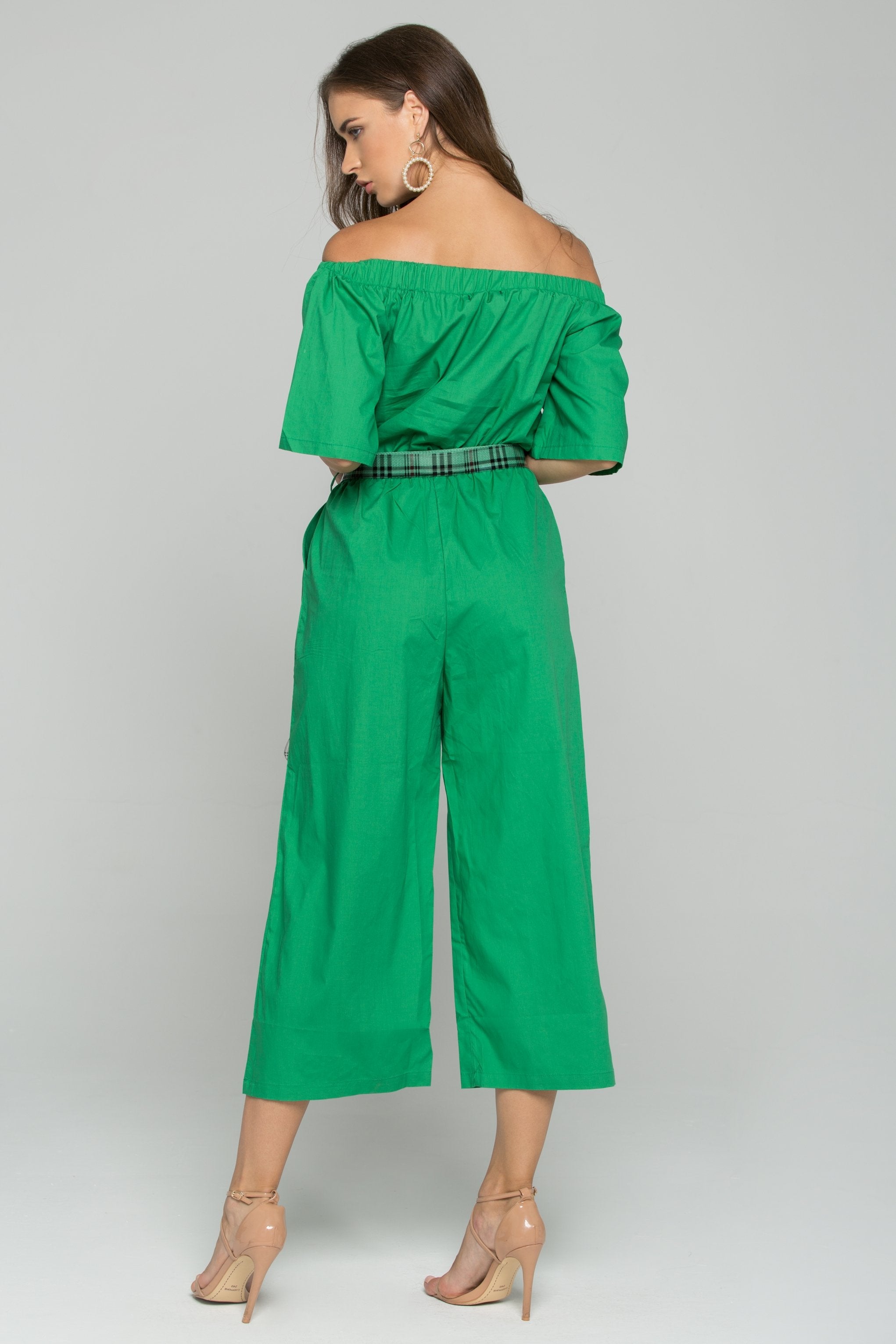 Green Cotton Off-the-Shoulder Buttoned Jumpsuit Green Cotton Off-the-Shoulder Buttoned Jumpsuit