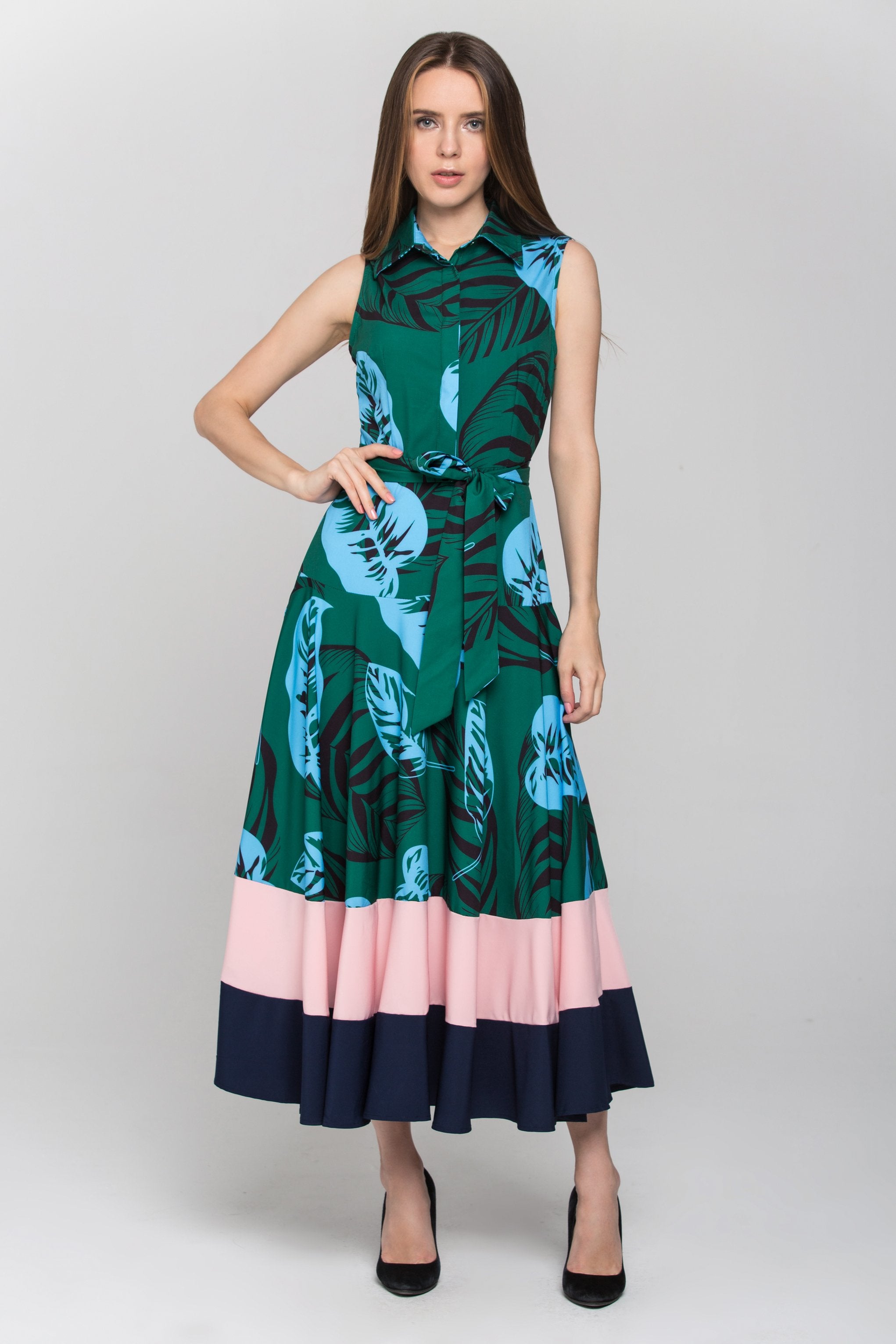 Green Leaf Print Color Block Panel Maxi Dress Green Leaf Print Color Block Panel Maxi Dress
