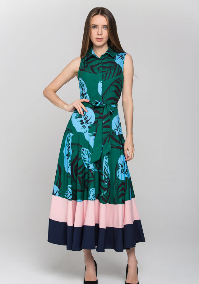 Green Leaf Print Color Block Panel Maxi Dress