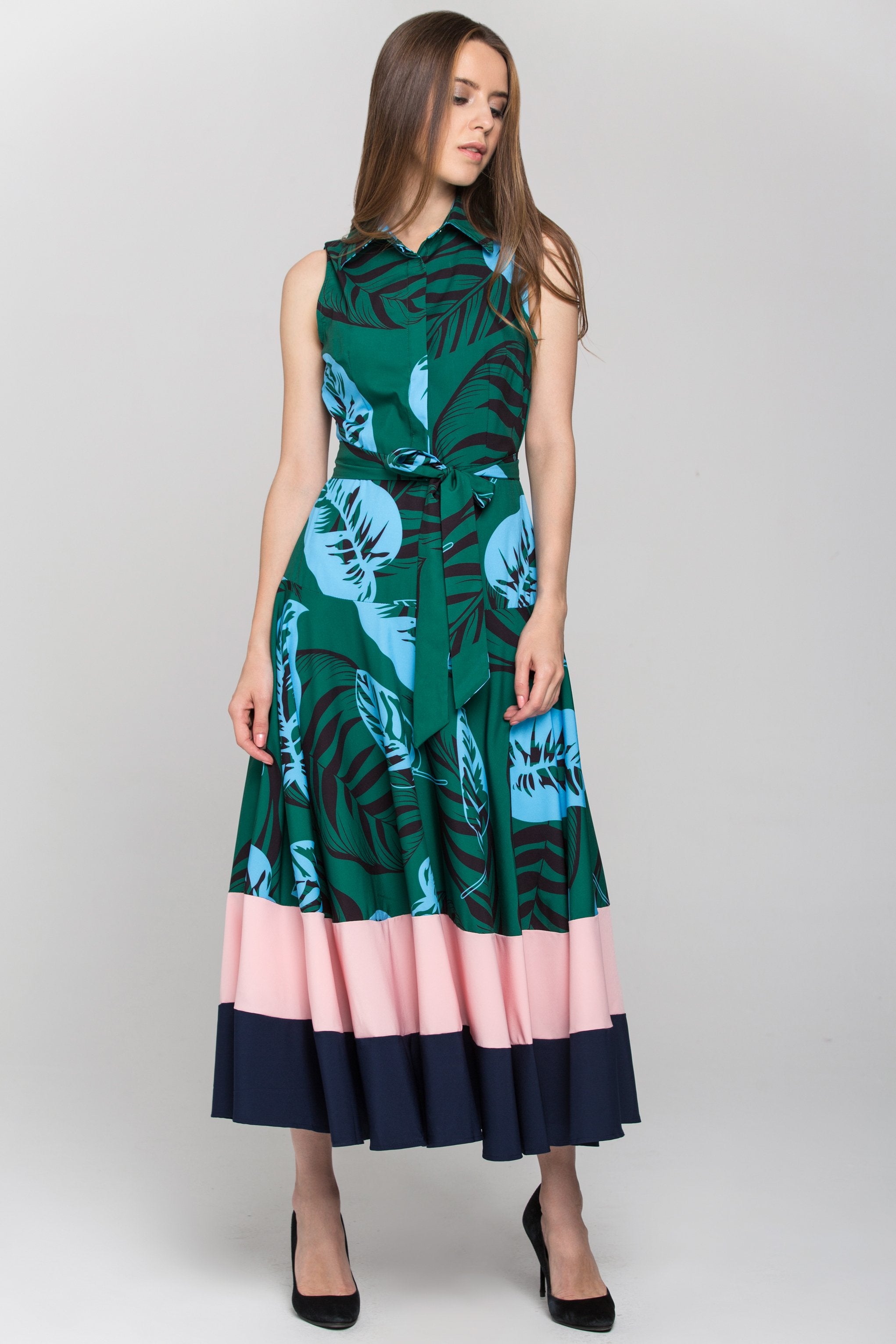 Green Leaf Print Color Block Panel Maxi Dress Green Leaf Print Color Block Panel Maxi Dress