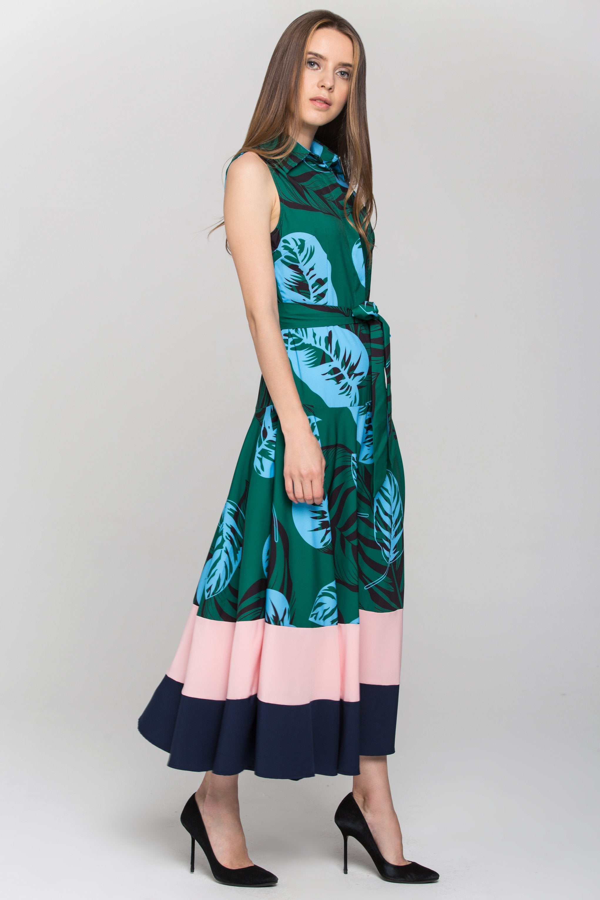 Green Leaf Print Color Block Panel Maxi Dress Green Leaf Print Color Block Panel Maxi Dress