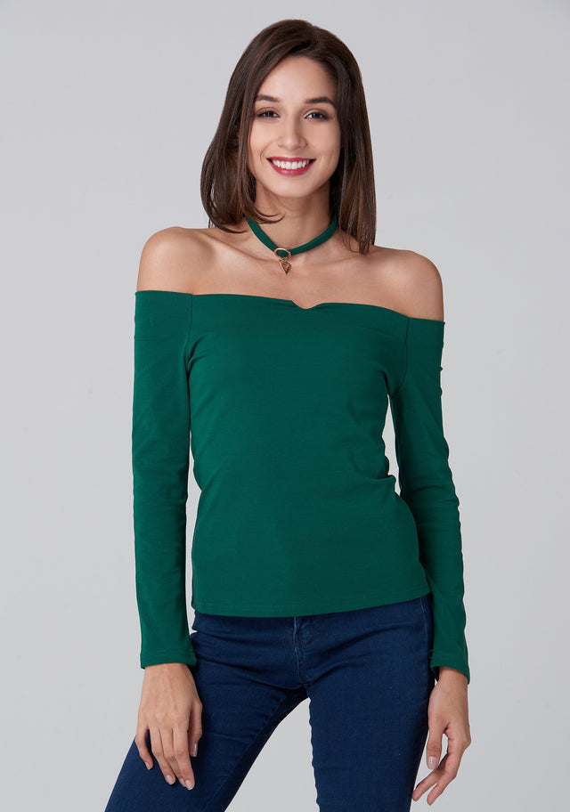 Green Off the Shoulder Prism Choker Top
