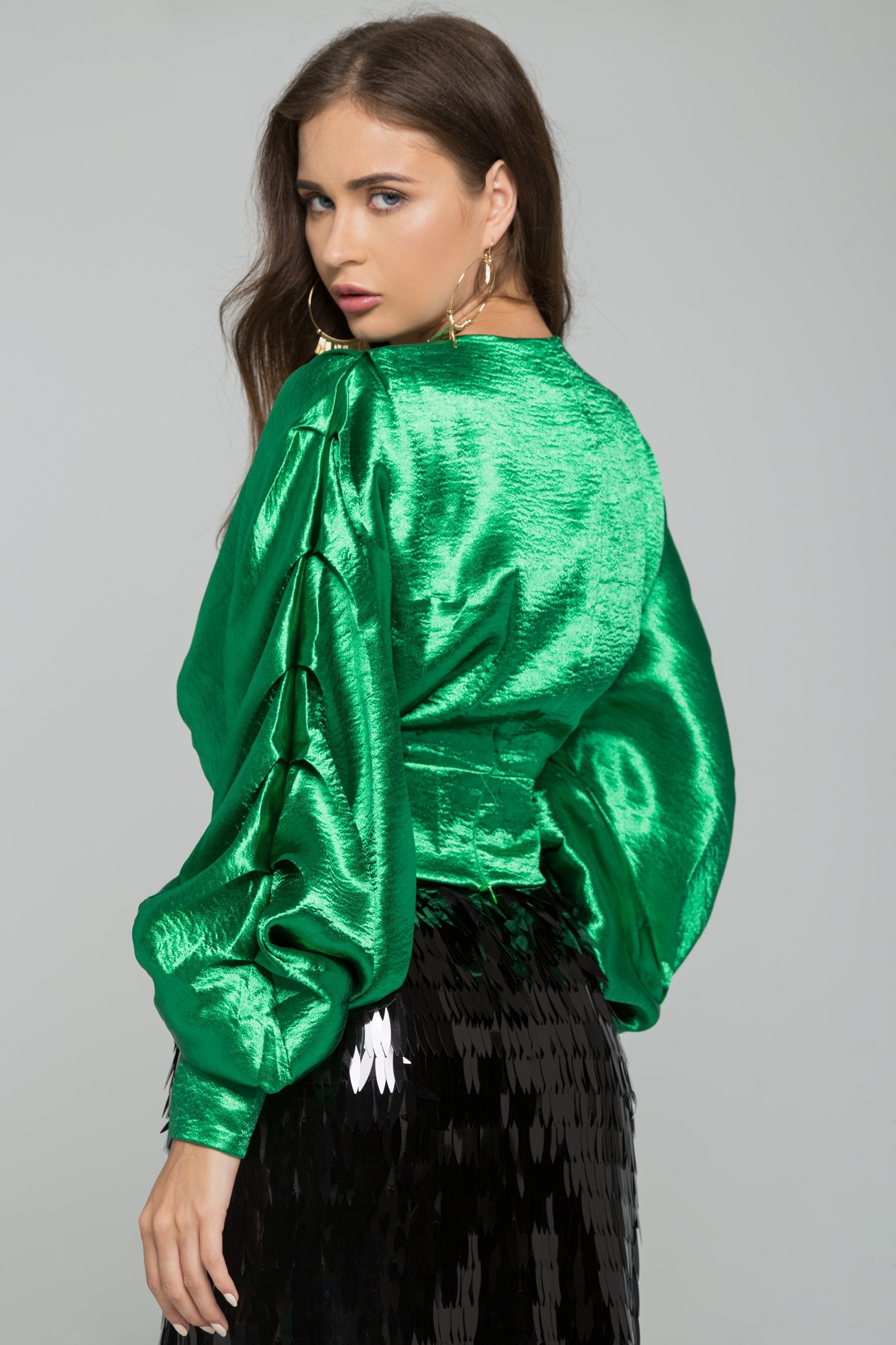 Green Satin Pleated Long Sleeves Top Green Satin Pleated Long Sleeves Top