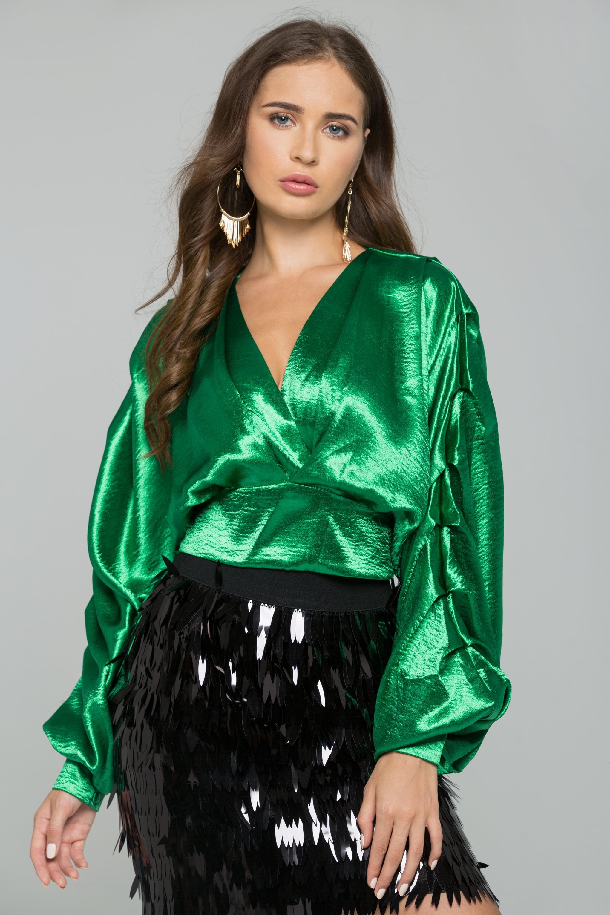 Green Satin Pleated Long Sleeves Top Green Satin Pleated Long Sleeves Top