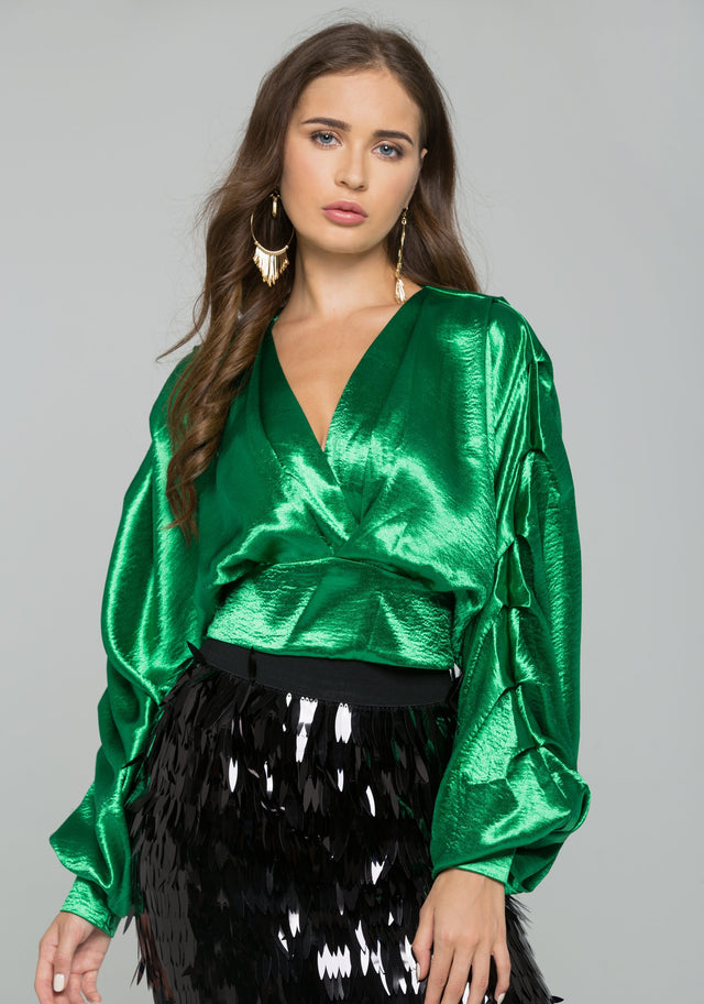 Green Satin Pleated Long Sleeves Top