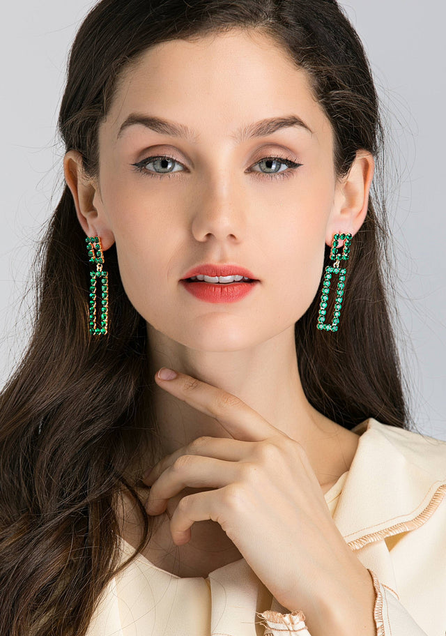 Green Stud Square and Rectangle Cut Out Drop Earrings