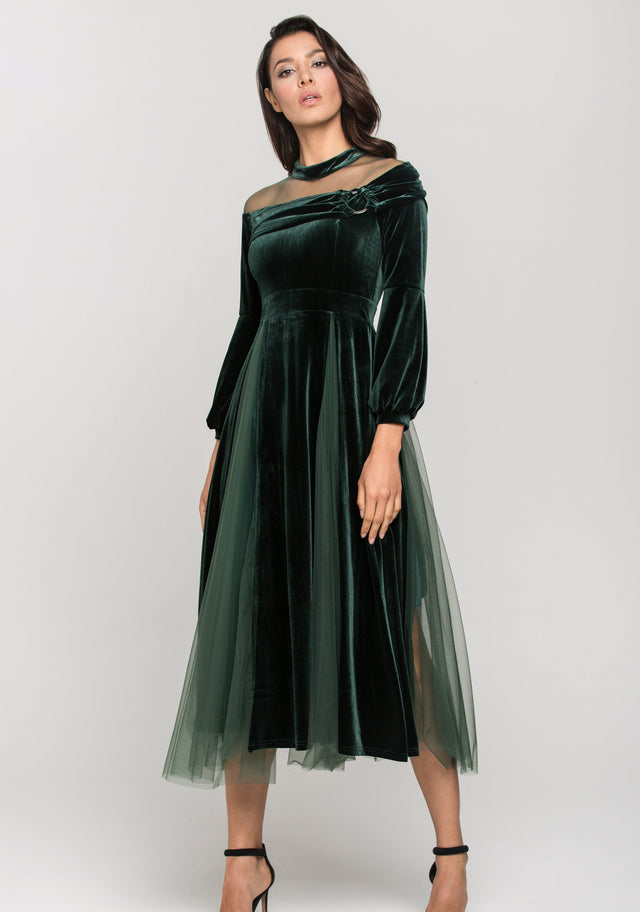 Green Velvet Puff Sleeves Sheer Yoke Ball Dress