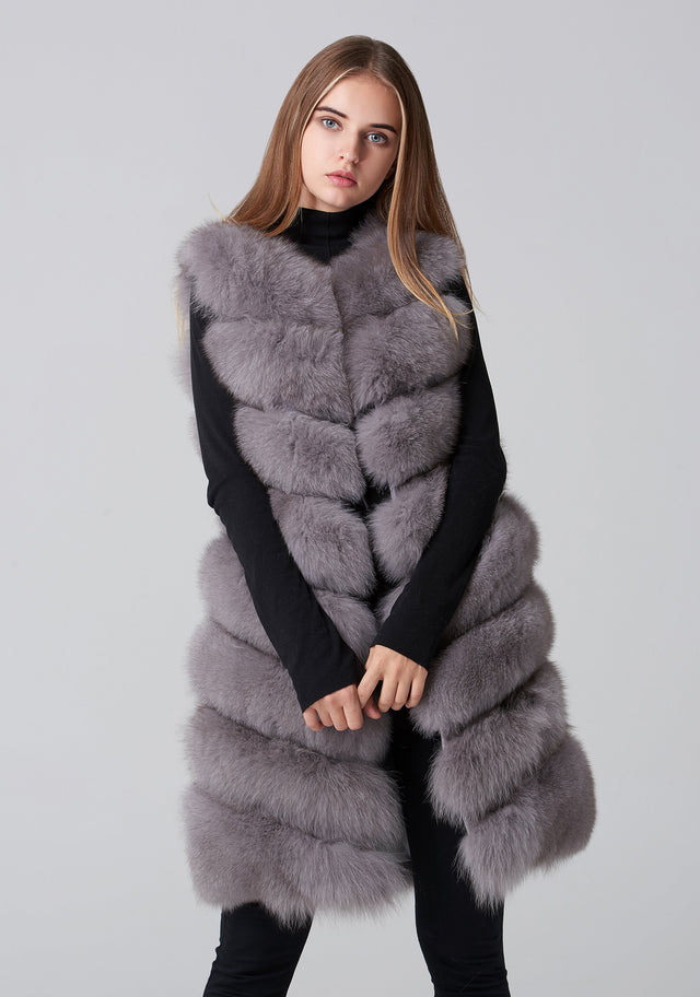 Grey Square Knee Length Fox Fur Coat
