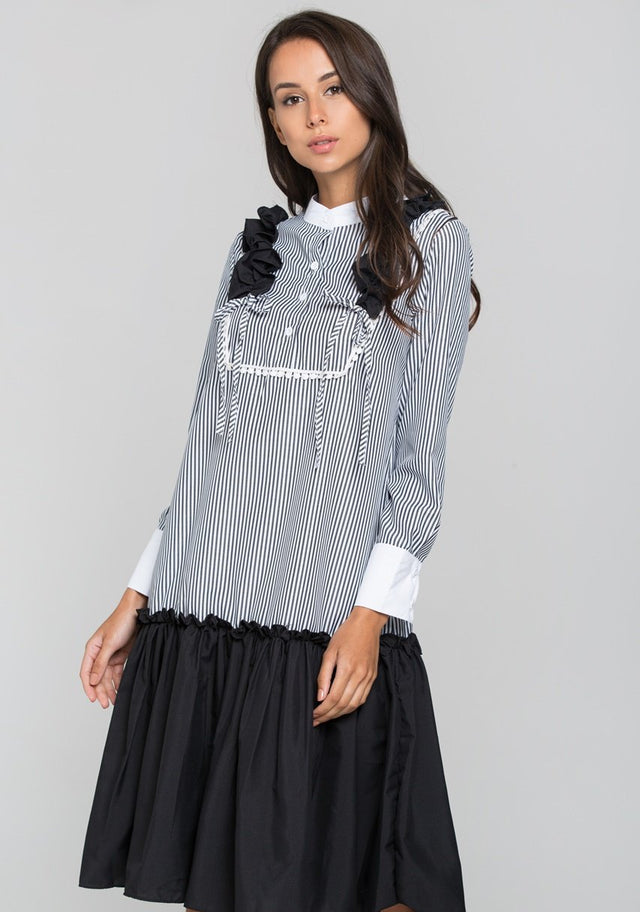 Grey Stripe Flounced Panel Skirt Midi Dress