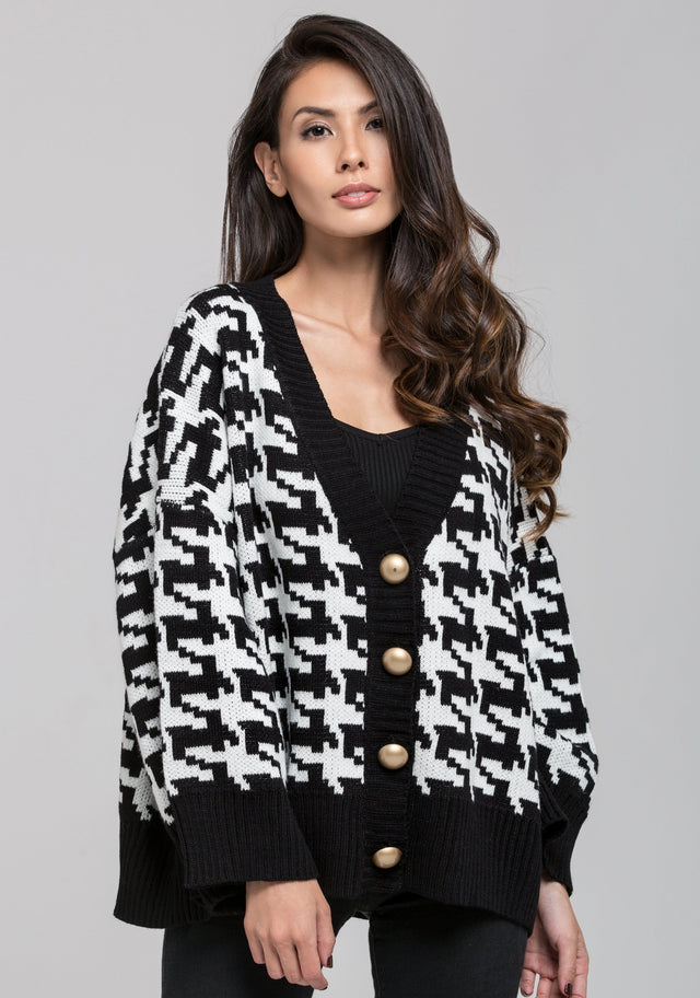 Houndstooth Oversized Dome Button Detail Cardigan