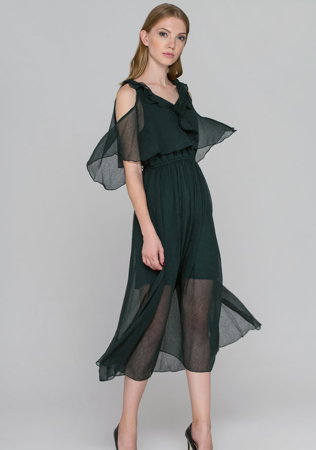Hunter Green Crepe Chiffon Cold Shoulder Midi Dress