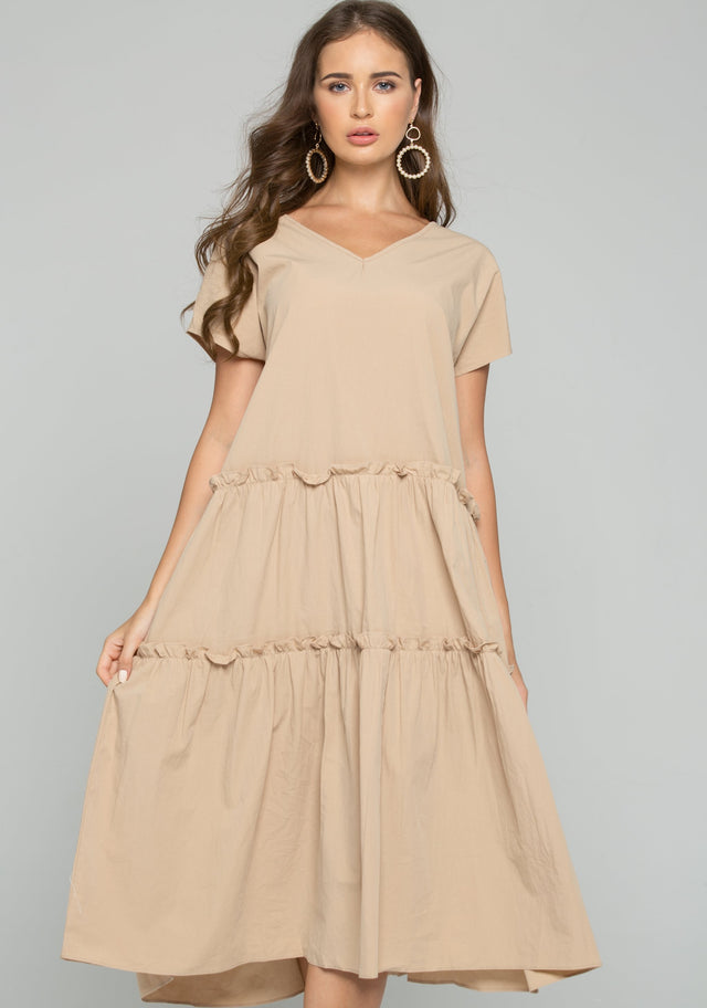 Khaki Chemise Flounce Hem Midi Dress