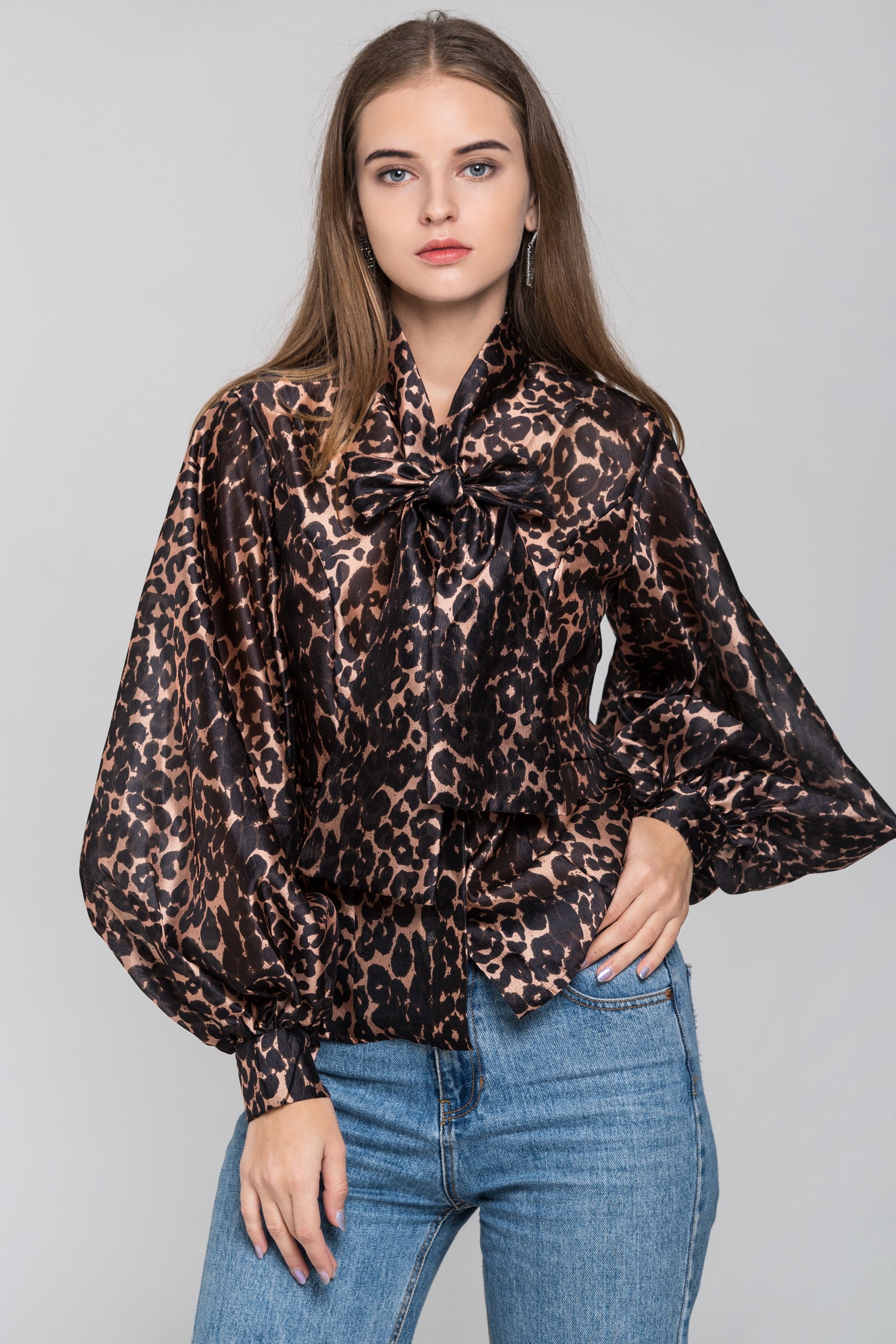 Leopard Print Tie Neck Sleeved Top Leopard Print Tie Neck Sleeved Top