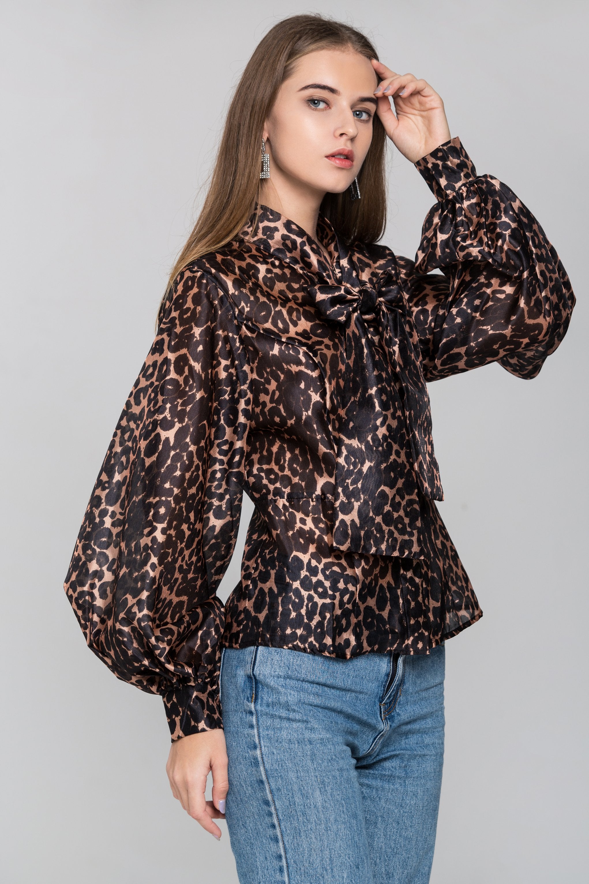 Leopard Print Tie Neck Sleeved Top Leopard Print Tie Neck Sleeved Top