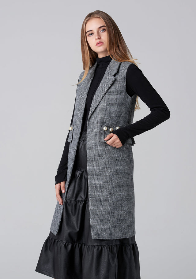 Pearl Detail Check Long Vest
