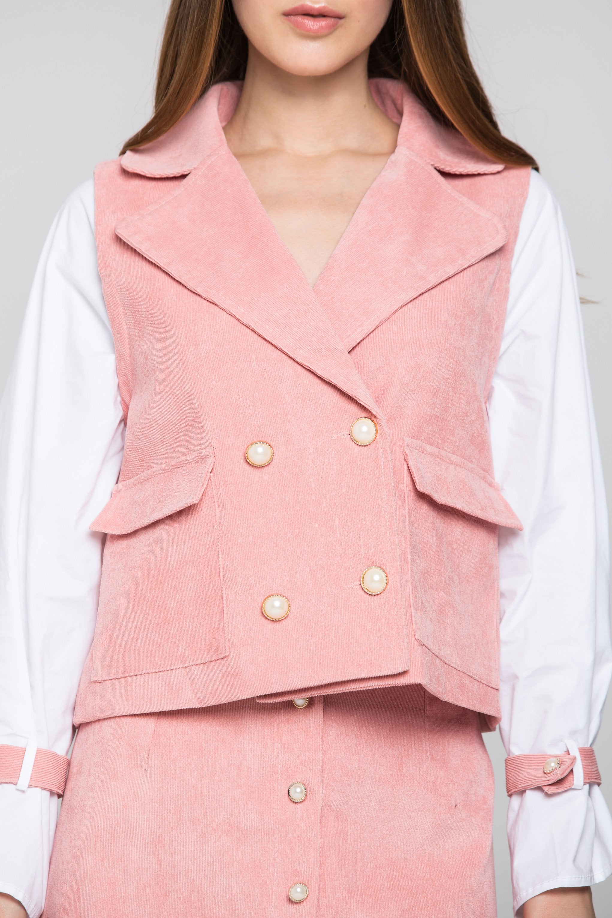 Pink Chord and White Sleeves Blazer and Skirt Set Pink Chord and White Sleeves Blazer and Skirt Set