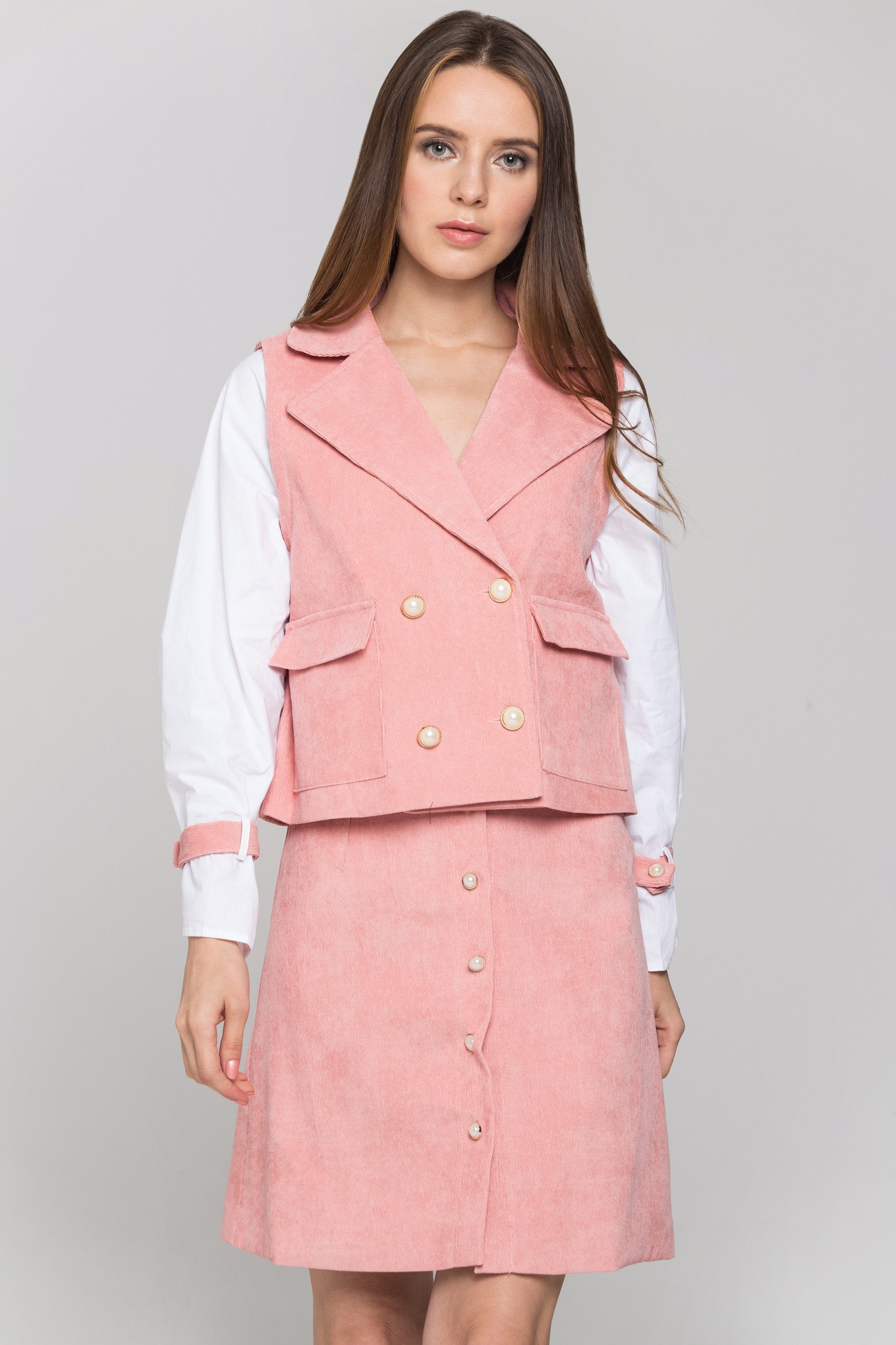 Pink Chord and White Sleeves Blazer and Skirt Set Pink Chord and White Sleeves Blazer and Skirt Set