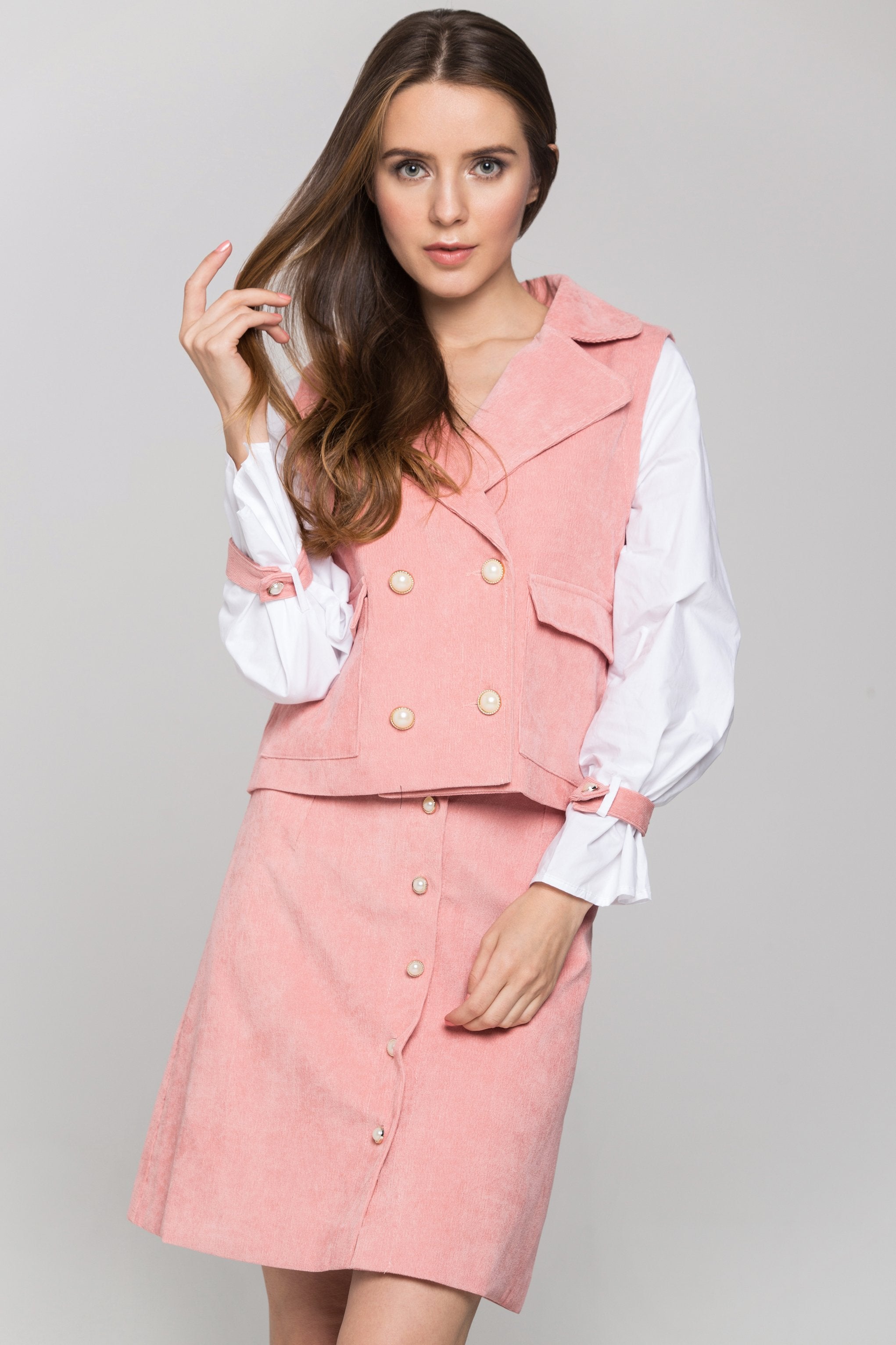 Pink Chord and White Sleeves Blazer and Skirt Set Pink Chord and White Sleeves Blazer and Skirt Set