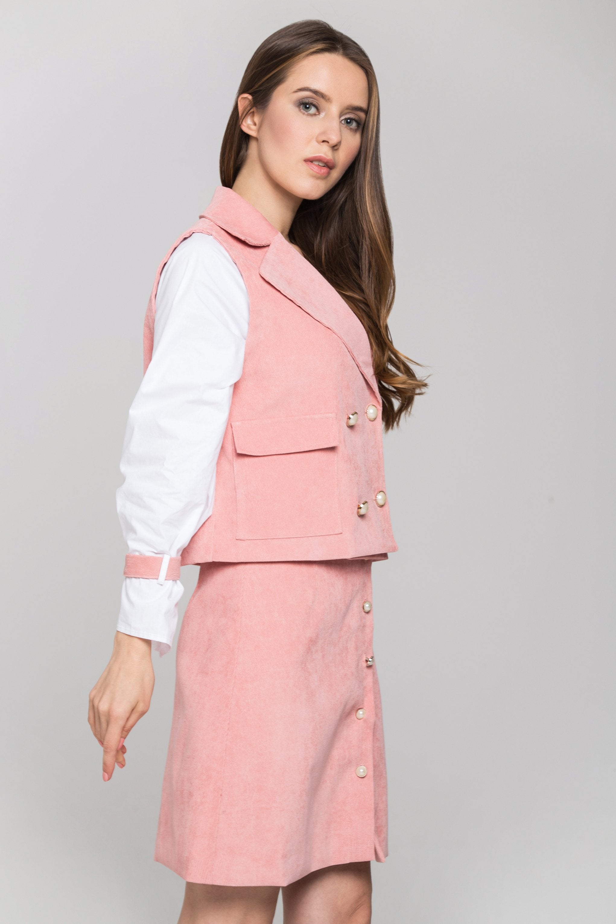 Pink Chord and White Sleeves Blazer and Skirt Set Pink Chord and White Sleeves Blazer and Skirt Set