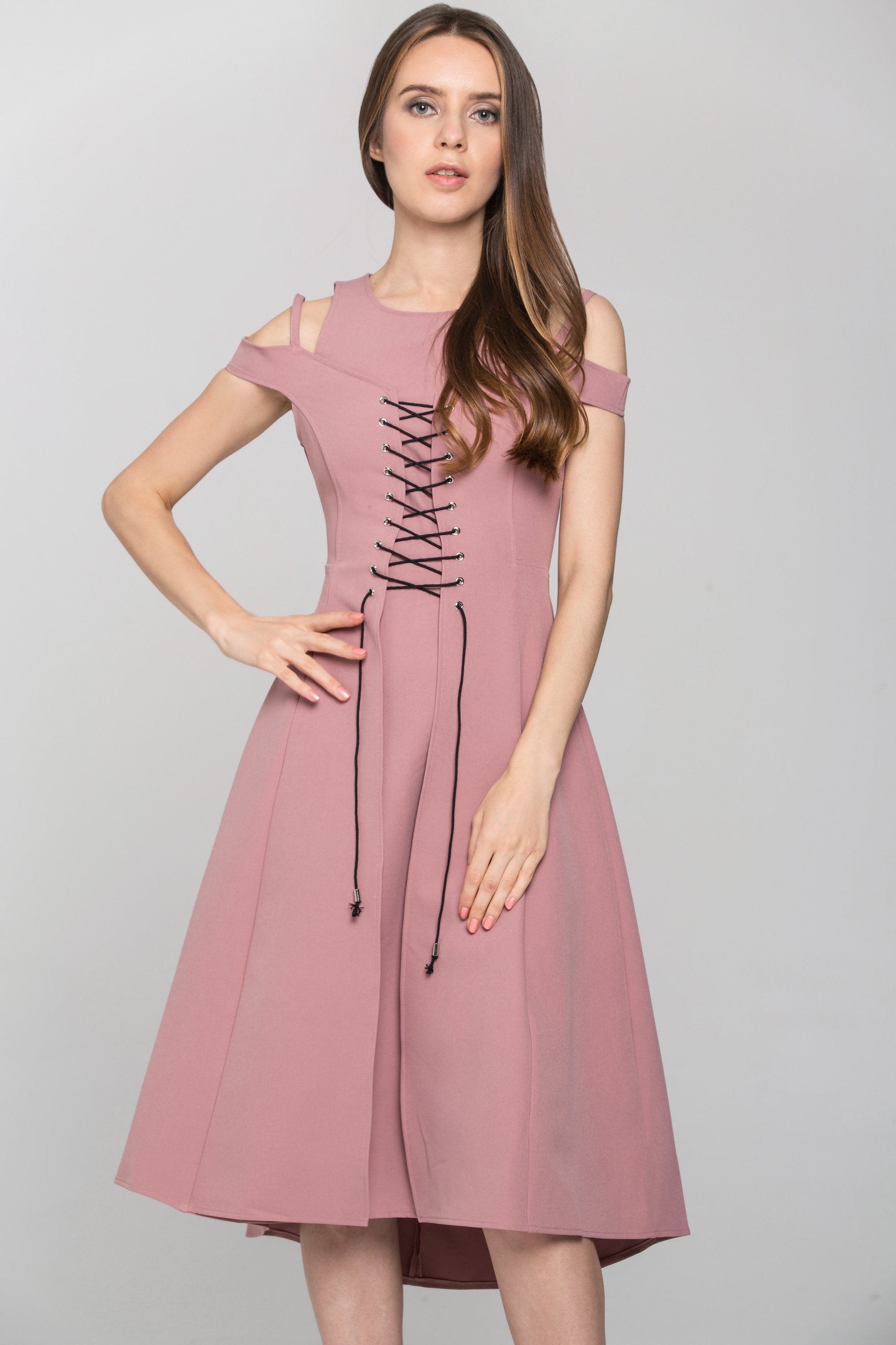Pink Layered Cold Shoulder Corset Midi Dress Pink Layered Cold Shoulder Corset Midi Dress
