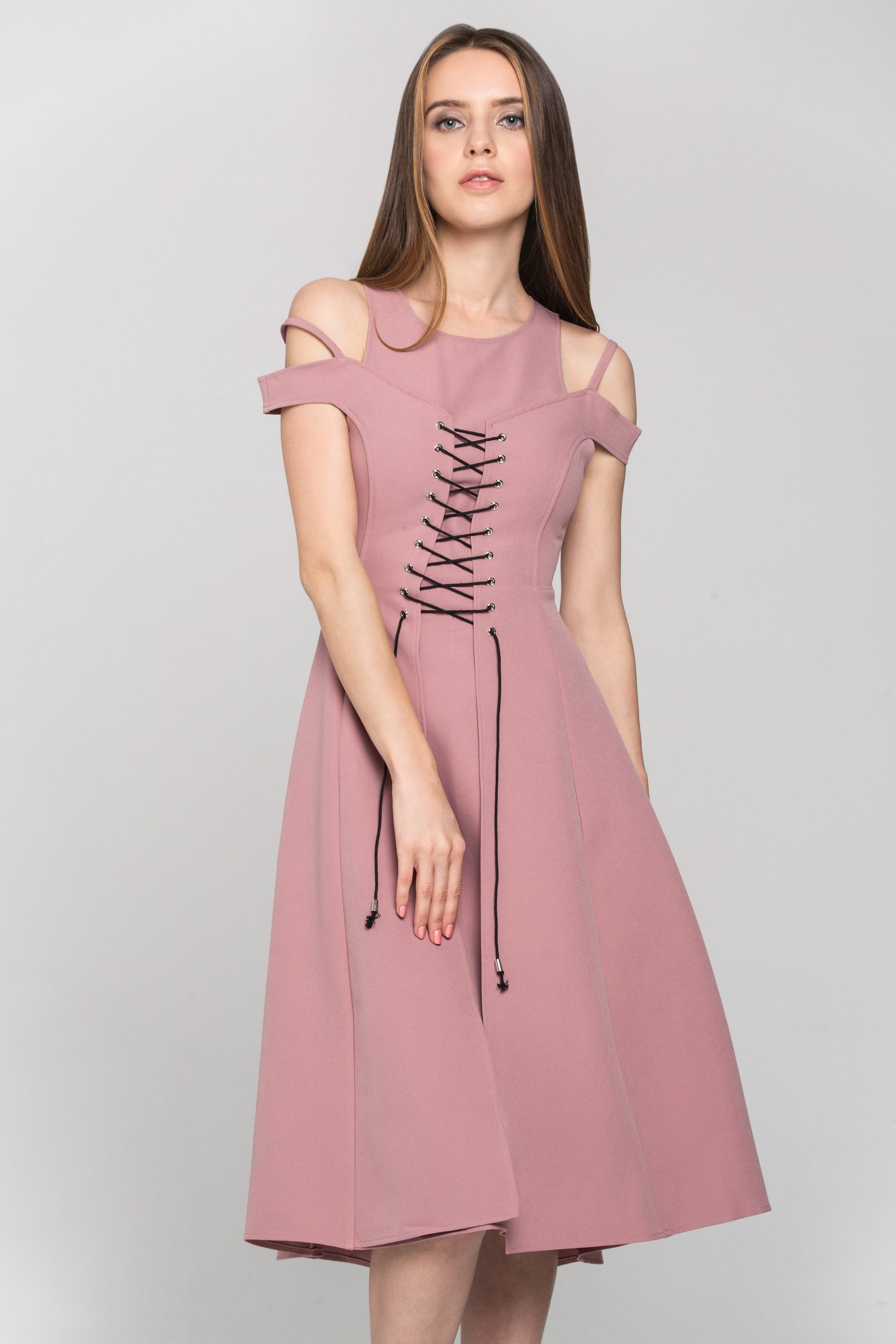 Pink Layered Cold Shoulder Corset Midi Dress Pink Layered Cold Shoulder Corset Midi Dress