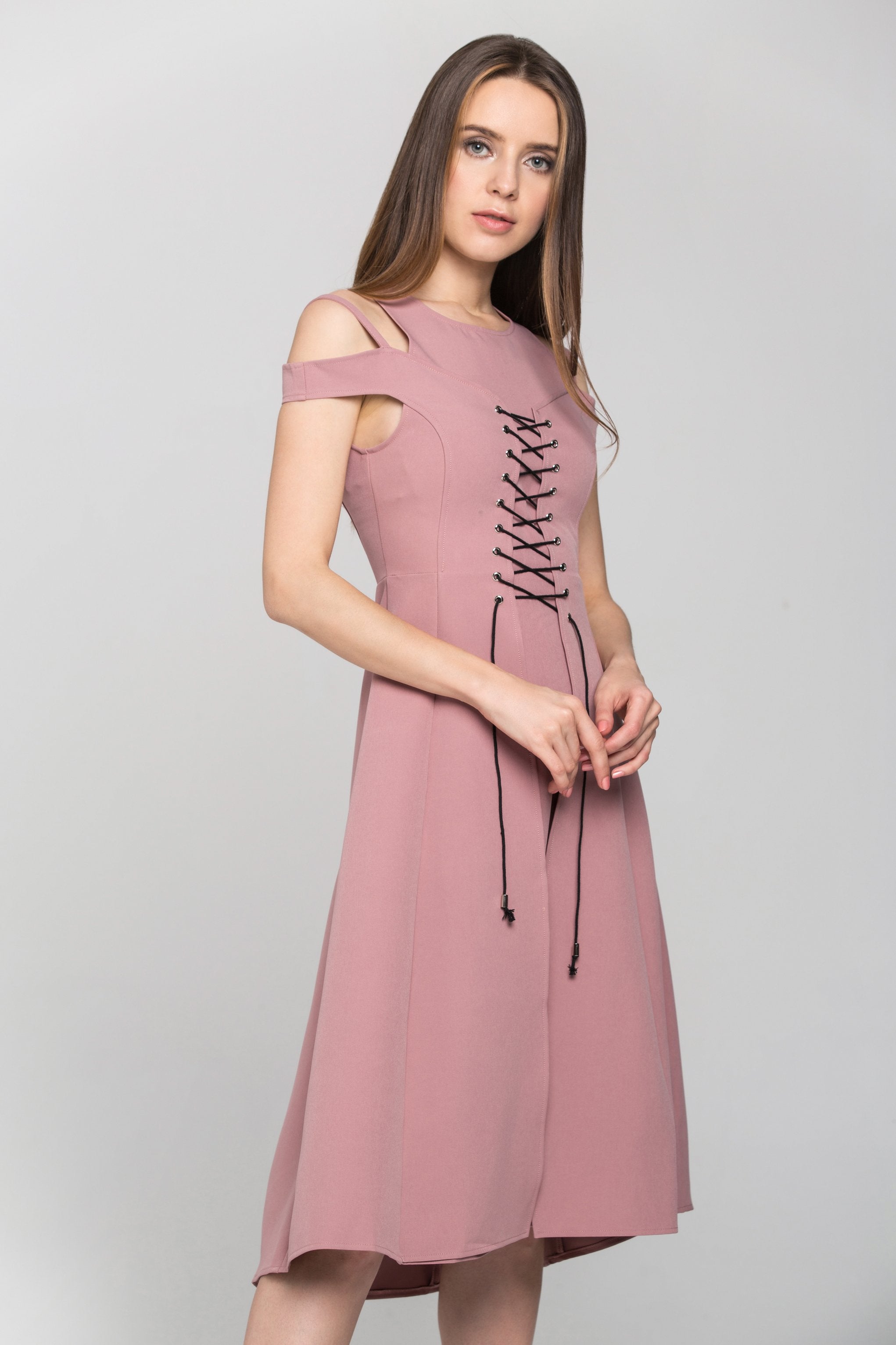 Pink Layered Cold Shoulder Corset Midi Dress Pink Layered Cold Shoulder Corset Midi Dress