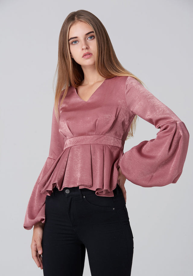 Pink Silk Flare Sleeves Peplum Top