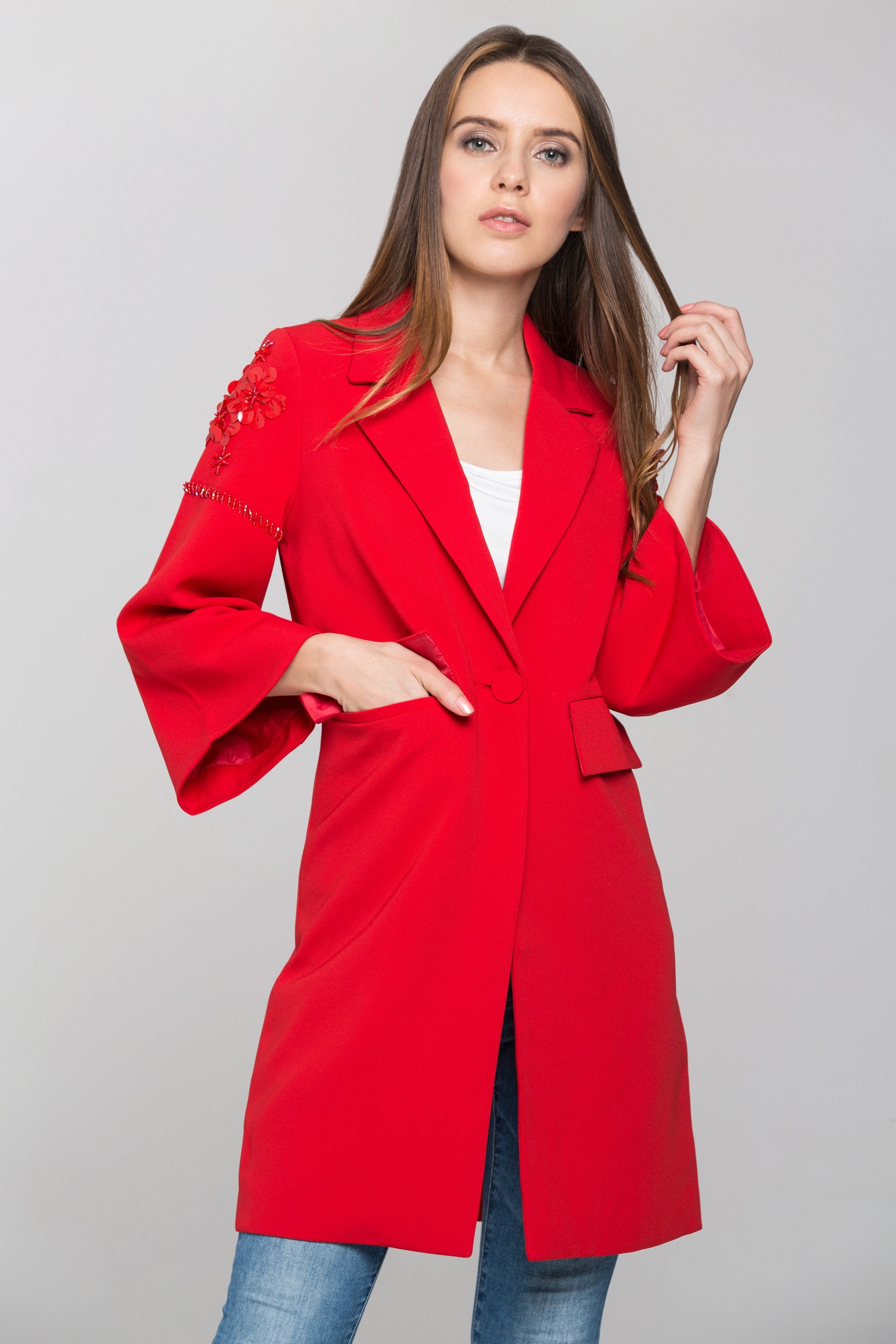 Red Flower Shoulder Long Blazer Red Flower Shoulder Long Blazer