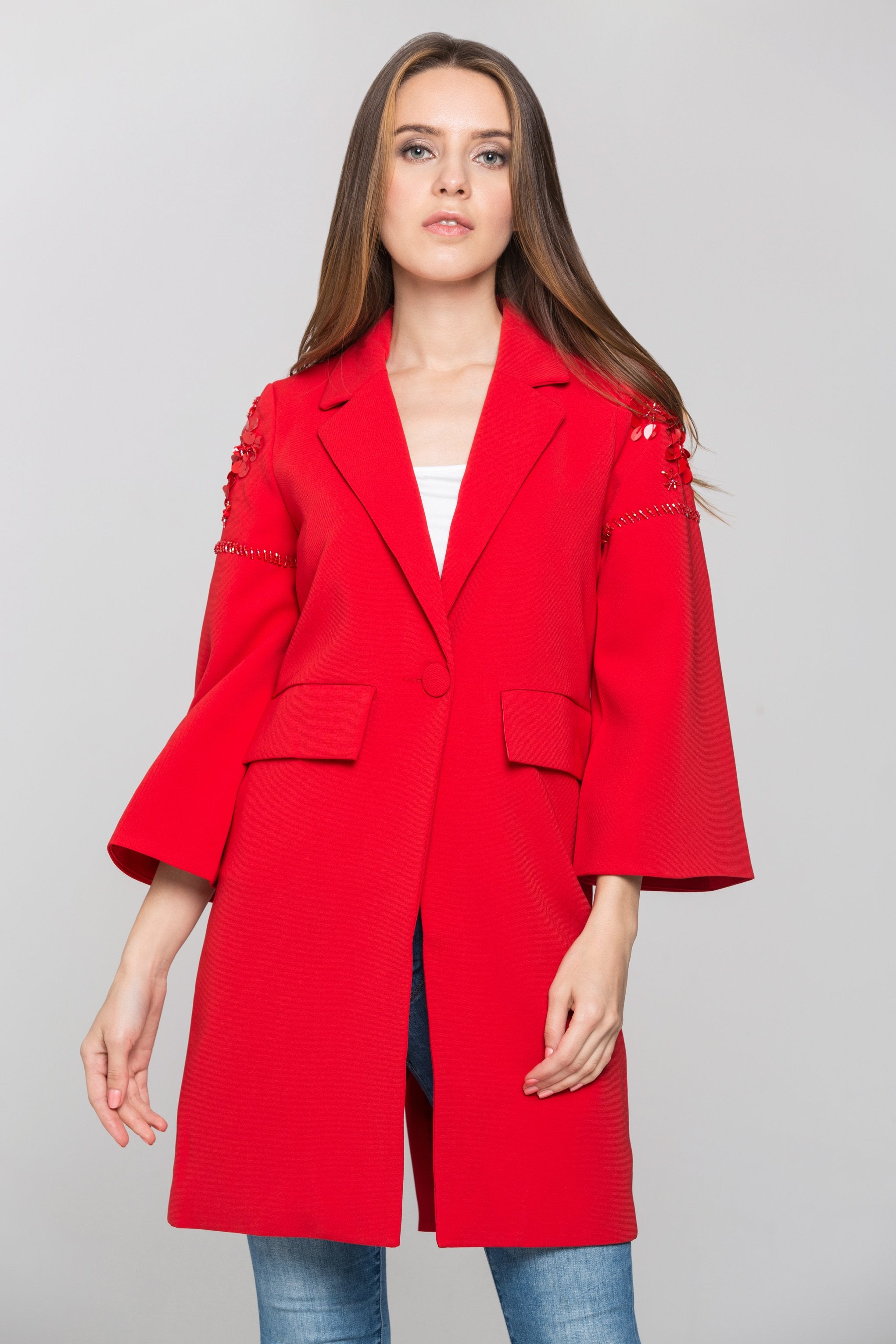 Red Flower Shoulder Long Blazer Red Flower Shoulder Long Blazer