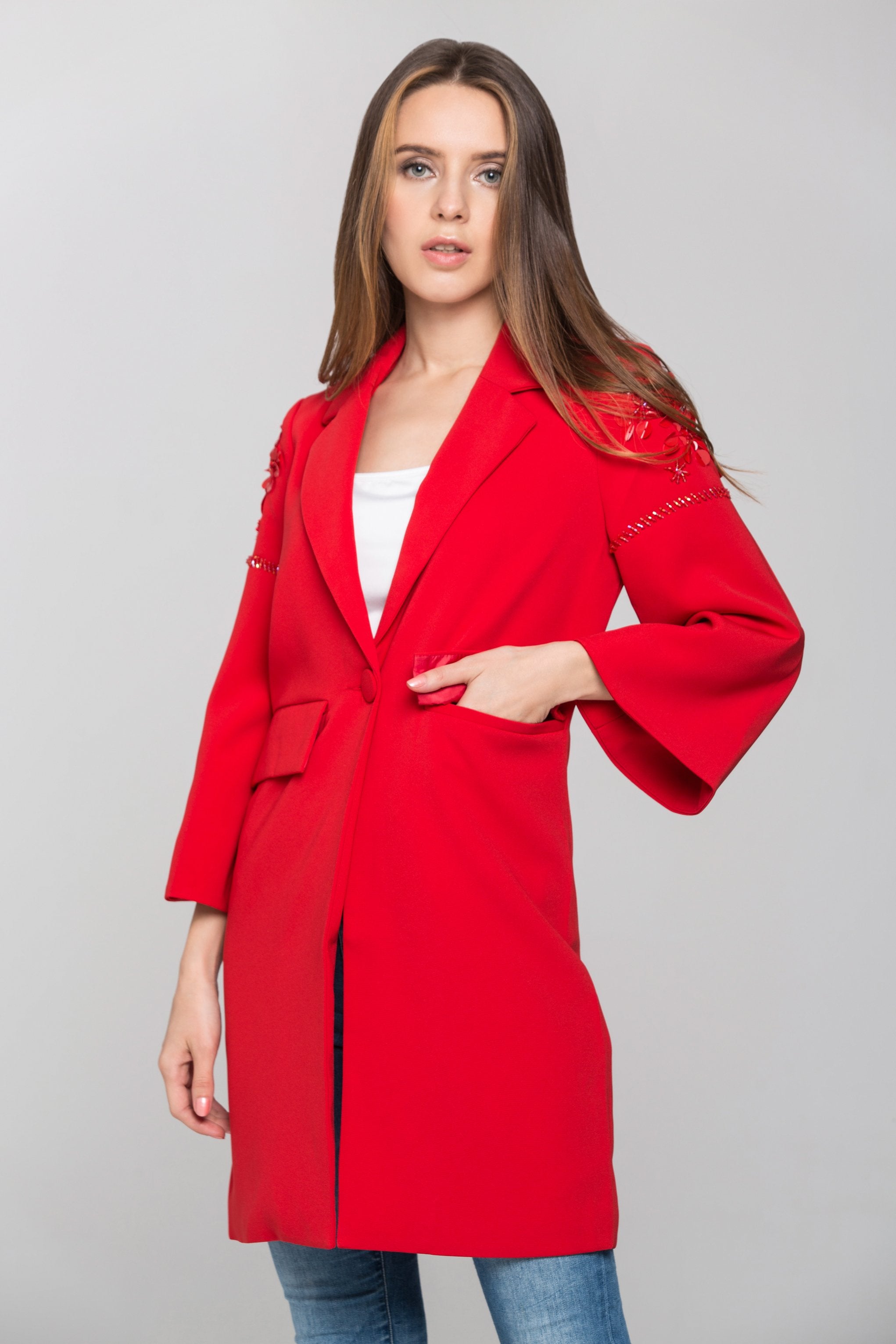 Red Flower Shoulder Long Blazer Red Flower Shoulder Long Blazer