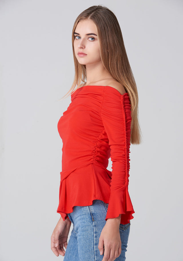 Red Off the Shoulder Gathered Sleeve Peplum Top