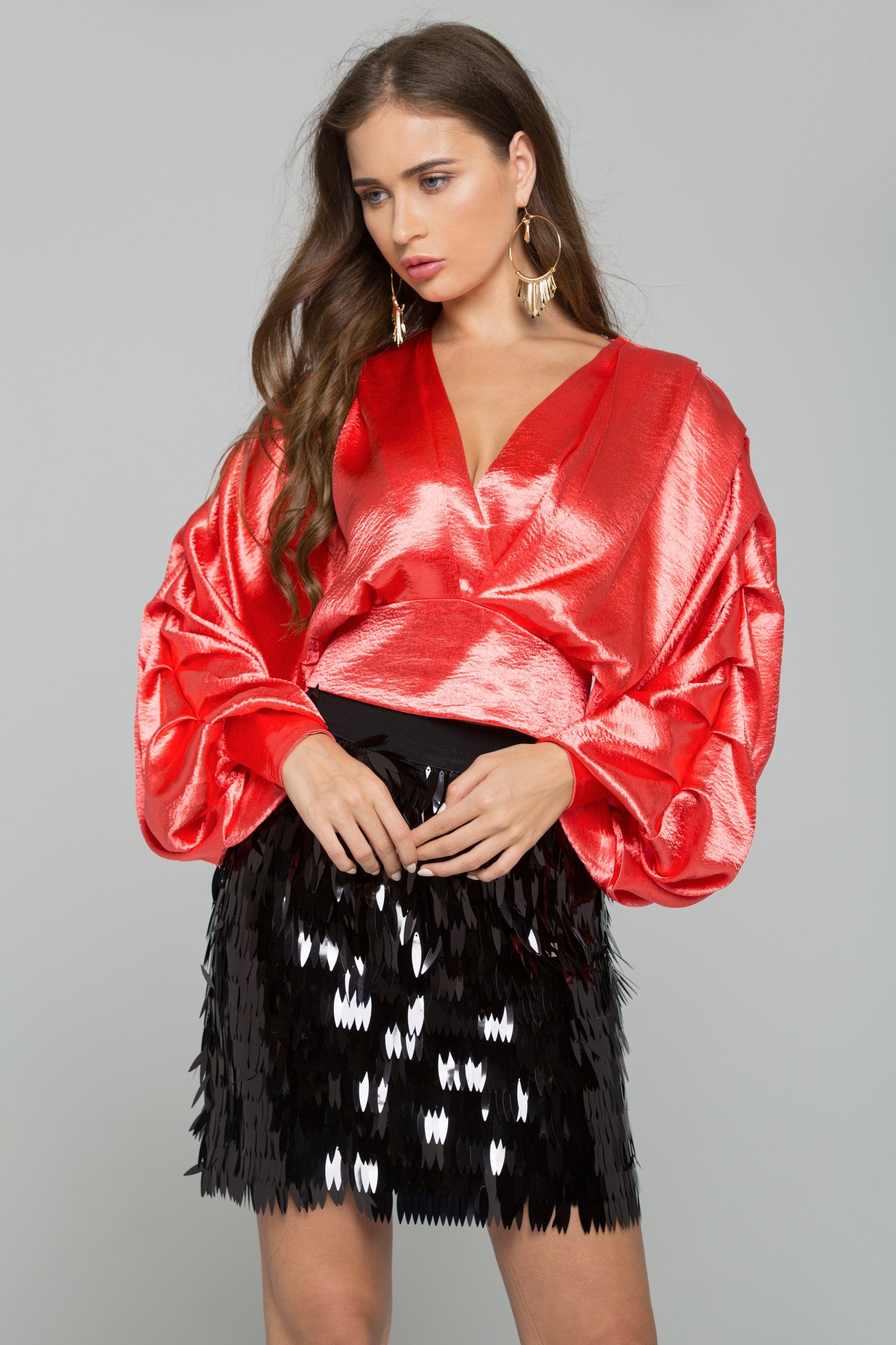 Red Satin Pleated Long Sleeves Top Red Satin Pleated Long Sleeves Top