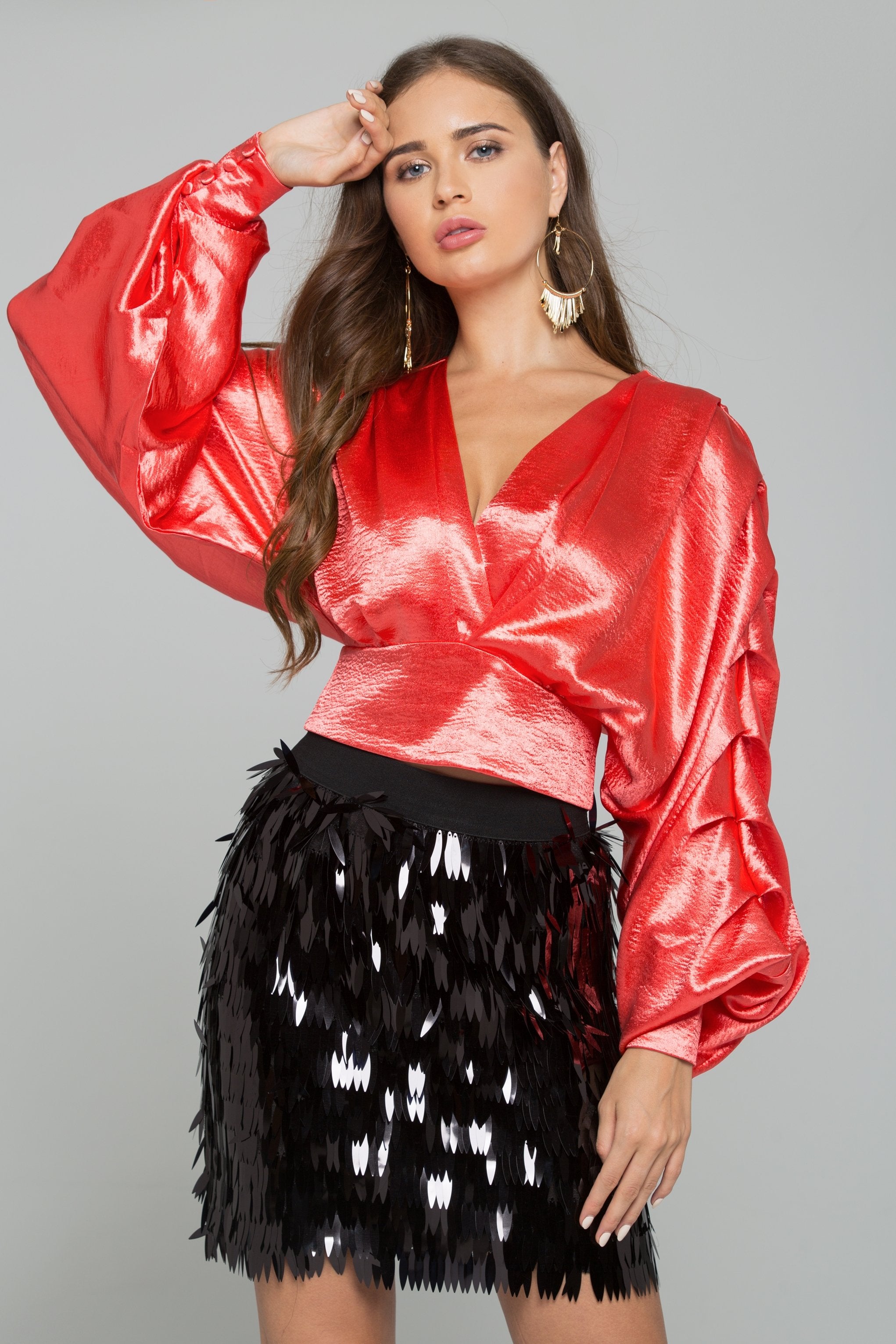 Red Satin Pleated Long Sleeves Top Red Satin Pleated Long Sleeves Top
