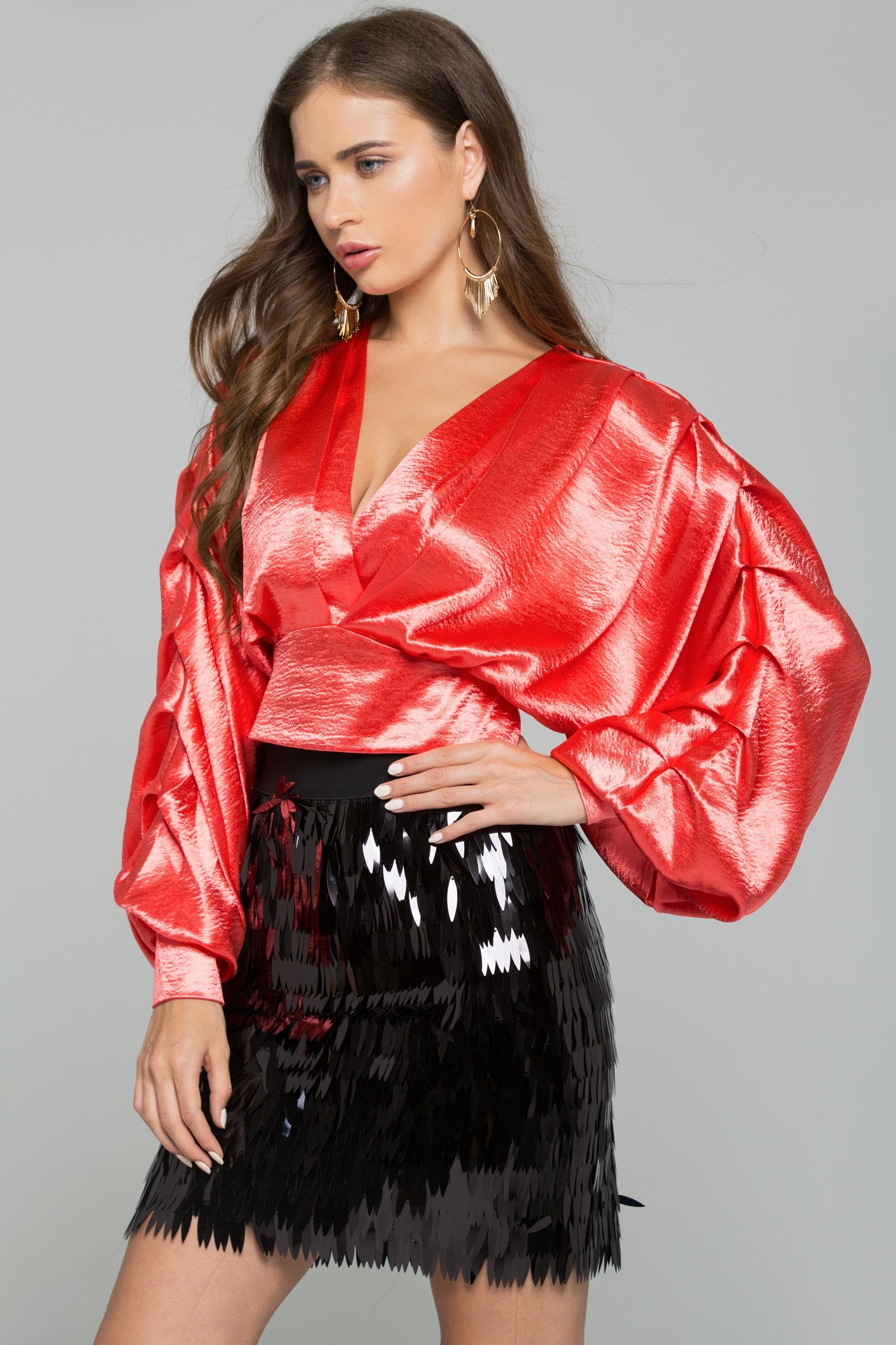 Red Satin Pleated Long Sleeves Top Red Satin Pleated Long Sleeves Top