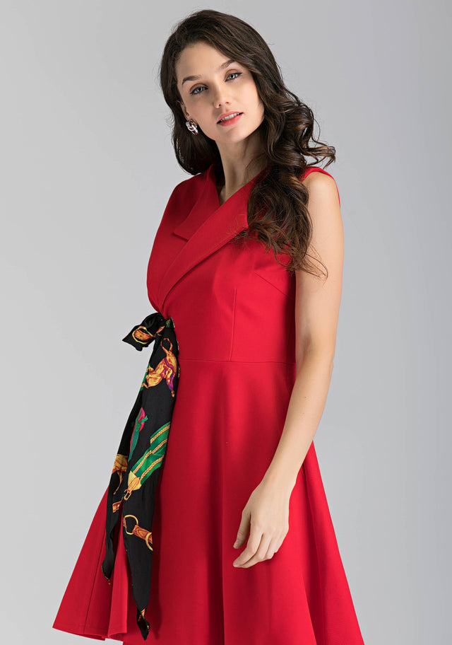 Red Sleeveless Side Scarf Lace Mini Dress