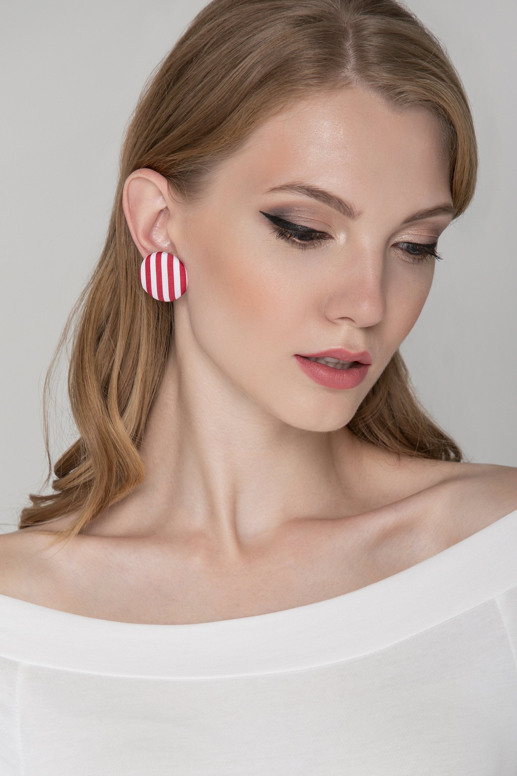 Red and White Stripe Button Earrings Red and White Stripe Button Earrings