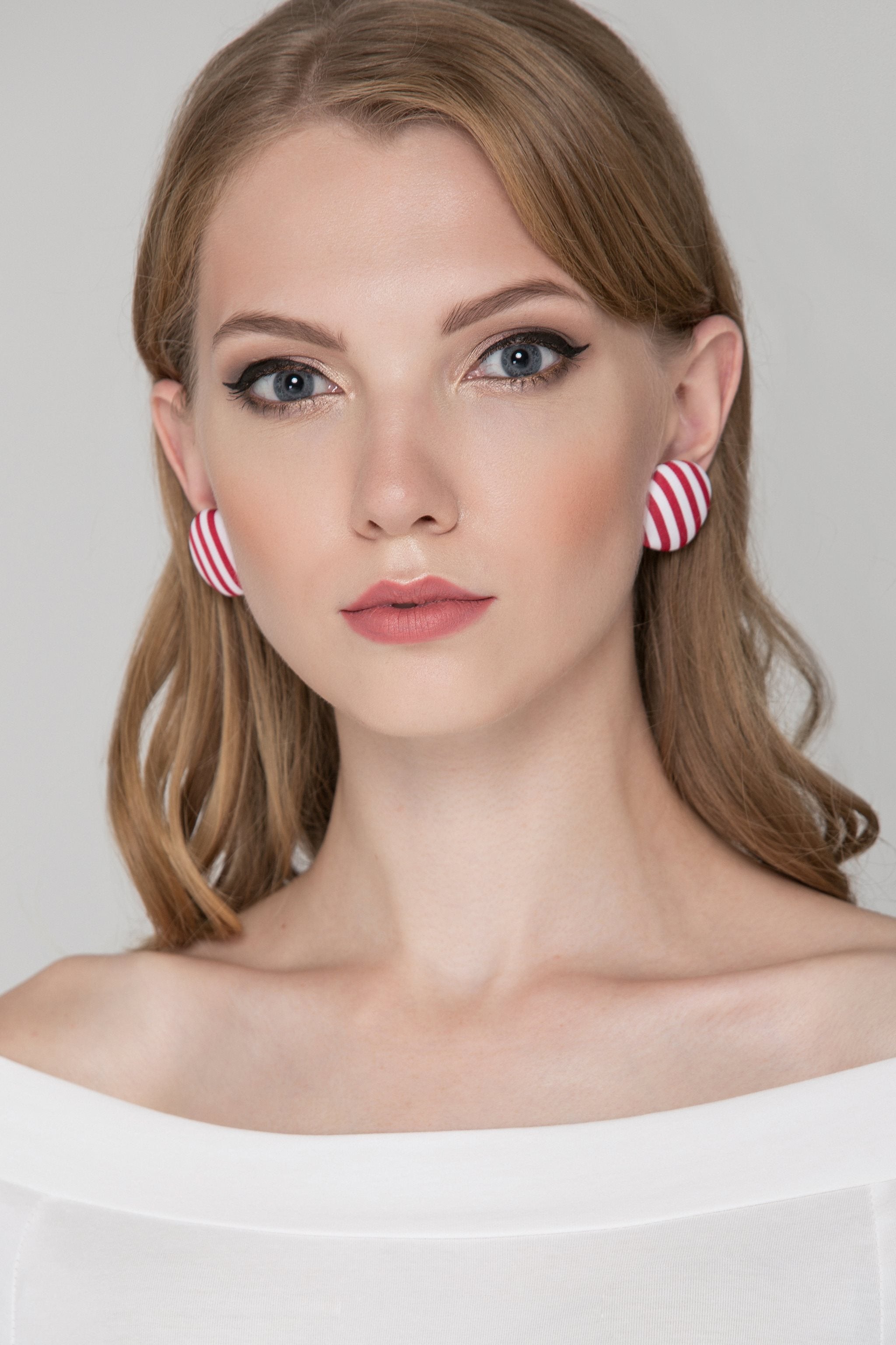 Red and White Stripe Button Earrings Red and White Stripe Button Earrings