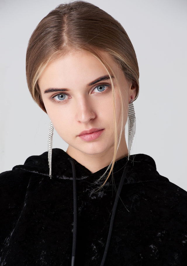 Long Studded Tassel with Silver Micro beads Strand Earrings