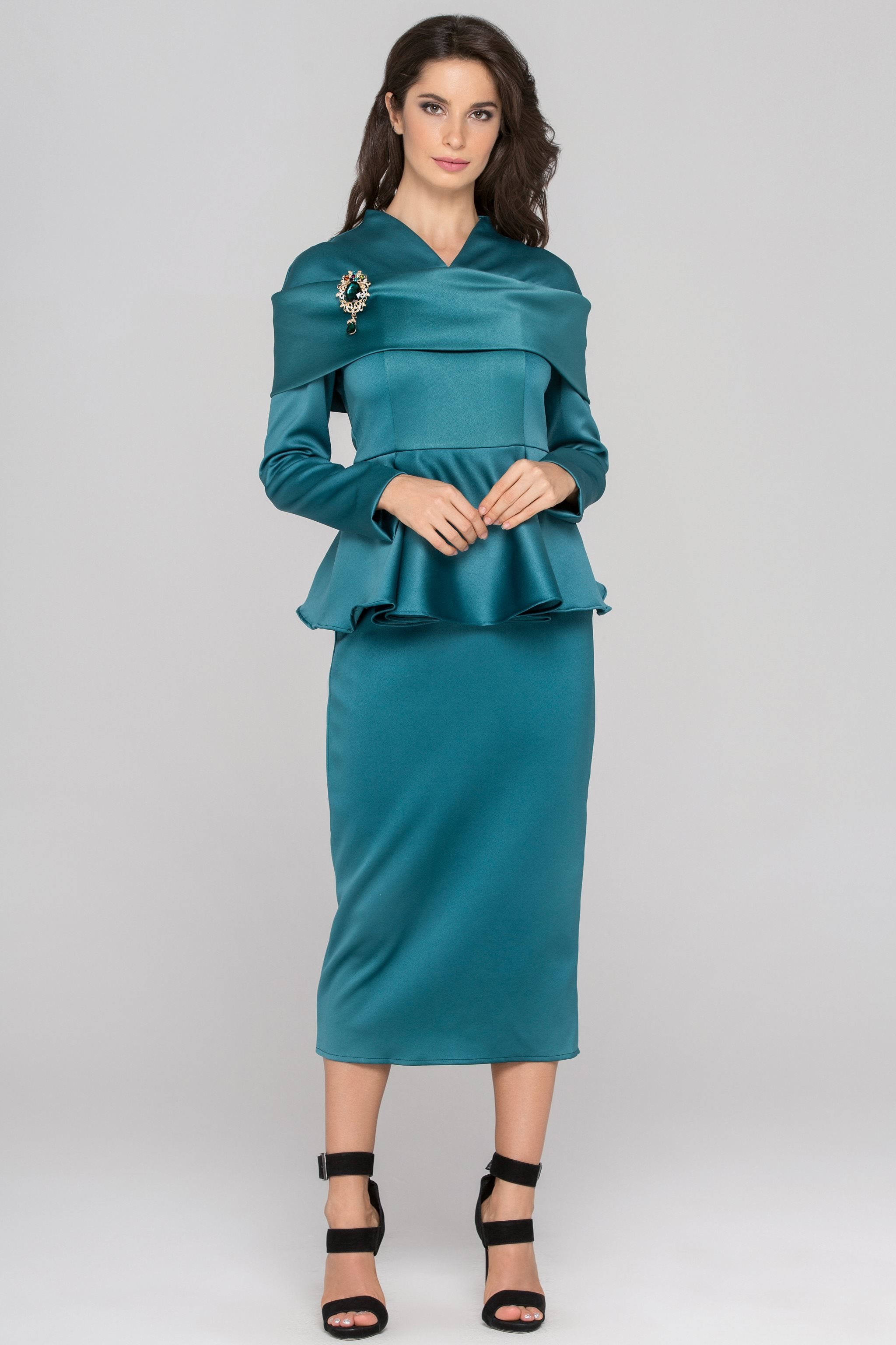 Blue Green Sleeved Satin Peplum Midi Dress Blue Green Sleeved Satin Peplum Midi Dress