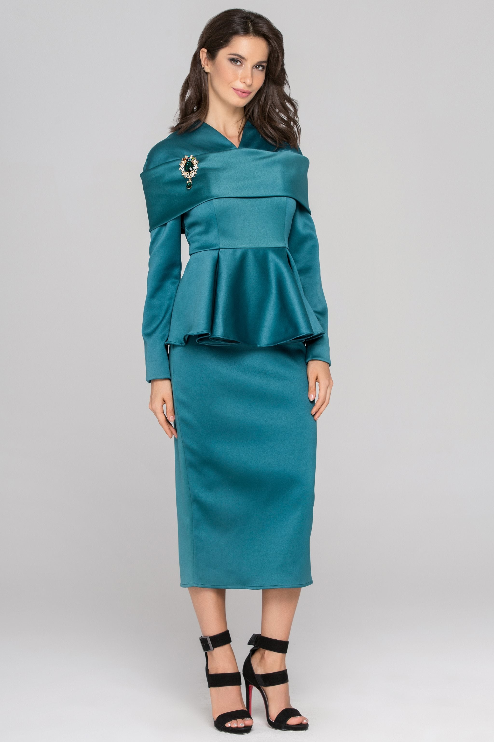 Blue Green Sleeved Satin Peplum Midi Dress Blue Green Sleeved Satin Peplum Midi Dress