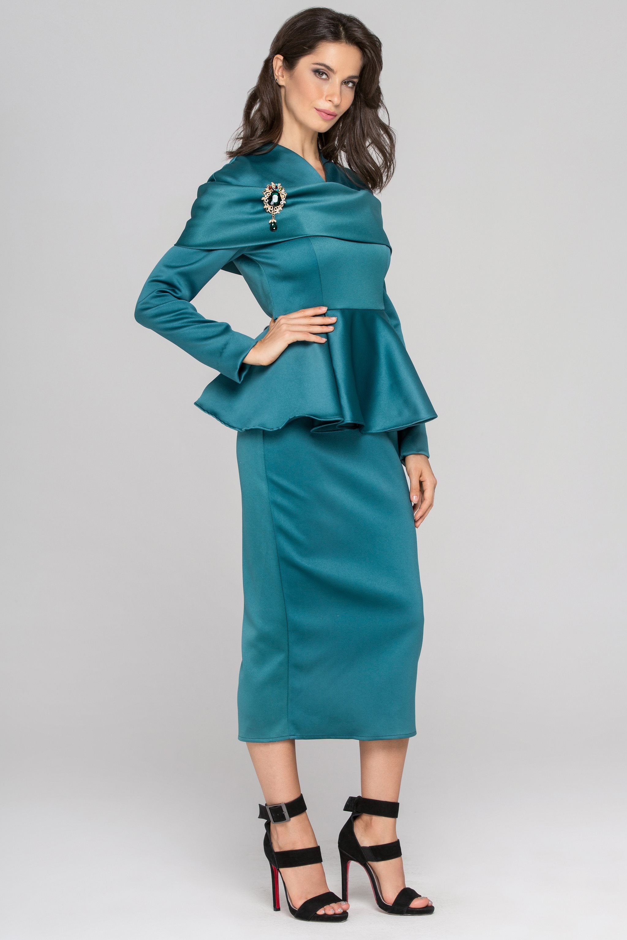 Blue Green Sleeved Satin Peplum Midi Dress Blue Green Sleeved Satin Peplum Midi Dress